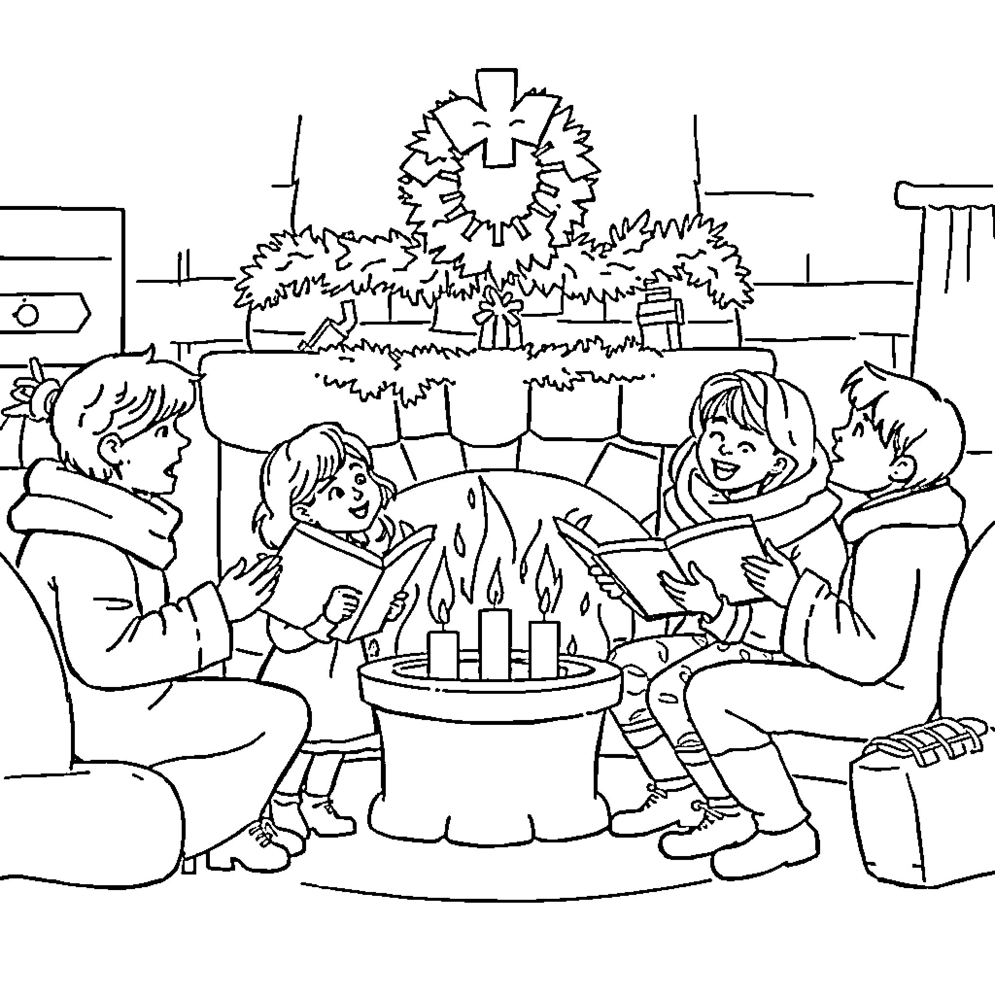 Christmas Carol: Family Gathered Around the Fireplace Coloring Page (free black-and-white line drawing printable PDF for all, from beginners to advanced learners, including children, teens, adults, and seniors)
