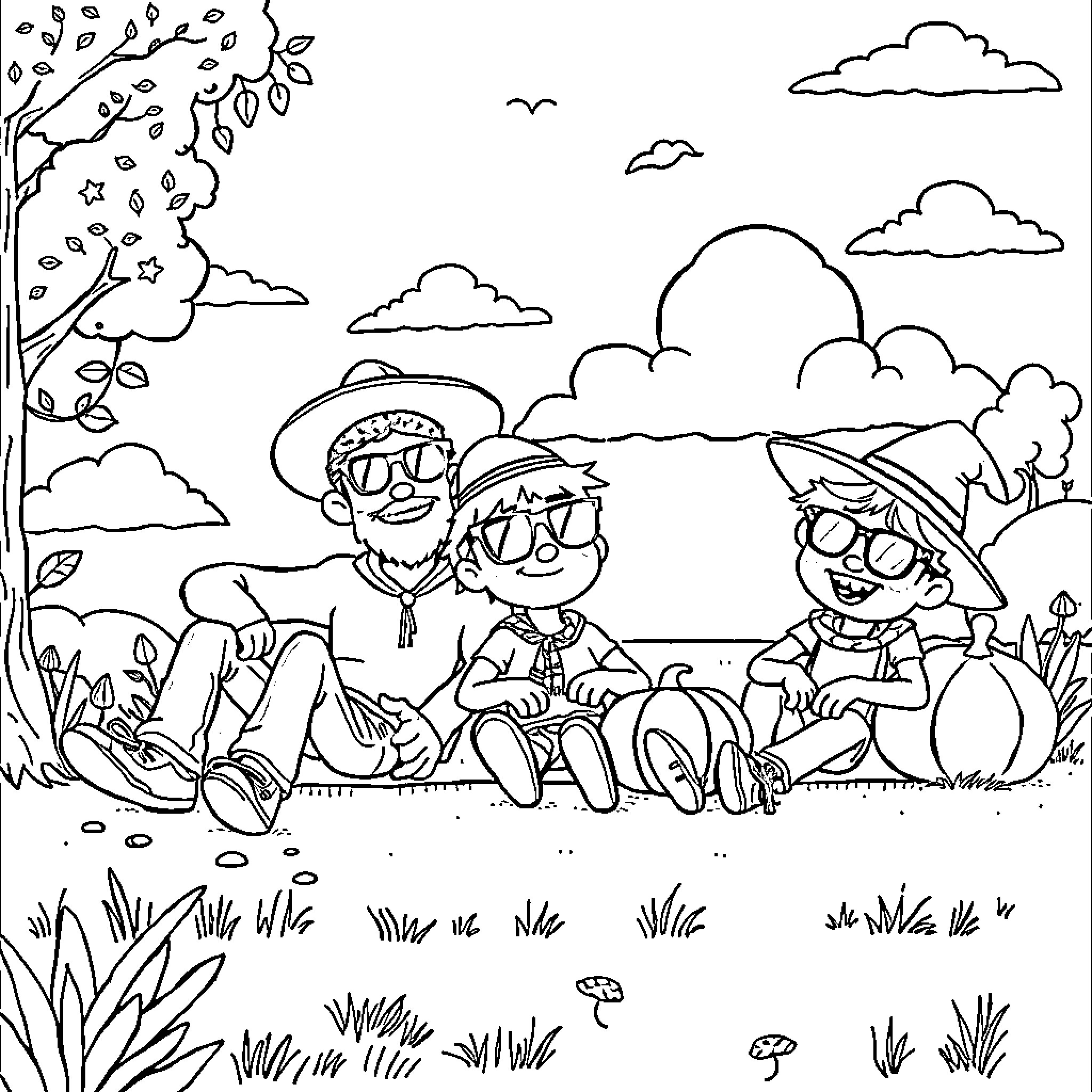 Fall Guy: Adventurers Explore Outdoor Scenery Coloring Page (free black-and-white line drawing printable PDF for all, from beginners to advanced learners, including children, teens, adults, and seniors)