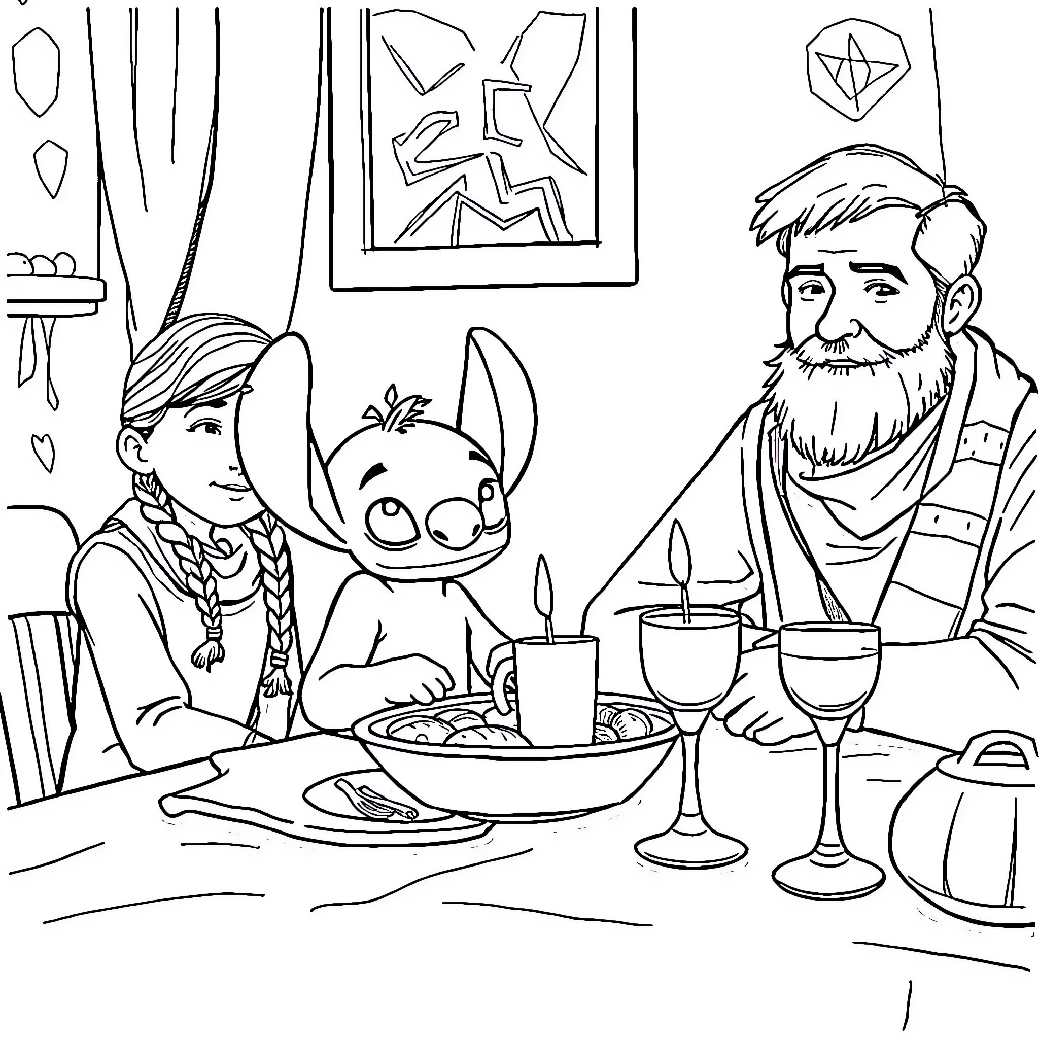 Stitch enjoying a meal with a friendly companion Coloring Page (free black-and-white line drawing printable PDF for all, from beginners to advanced learners, including children, teens, adults, and seniors)