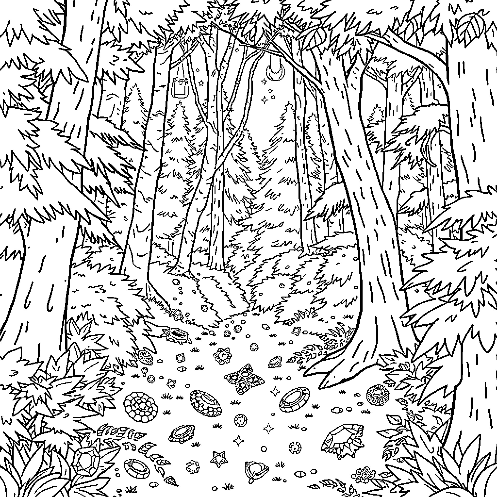 Jewelry in the Enchanted Forest Coloring Page (free black-and-white line drawing printable PDF for all, from beginners to advanced learners, including children, teens, adults, and seniors)