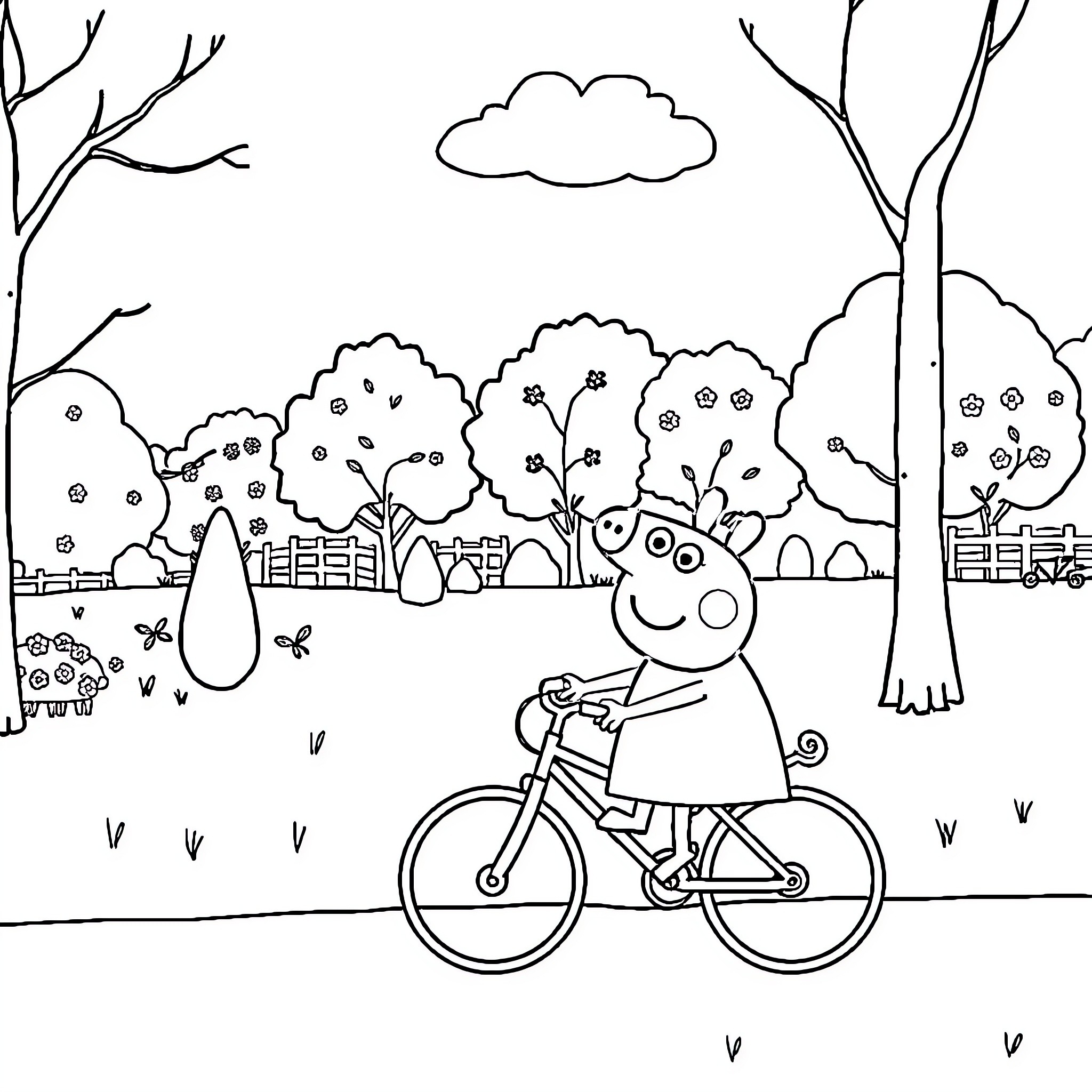 Peppa Pig enjoys a bike ride in the park Coloring Page (free black-and-white line drawing printable PDF for all, from beginners to advanced learners, including children, teens, adults, and seniors)