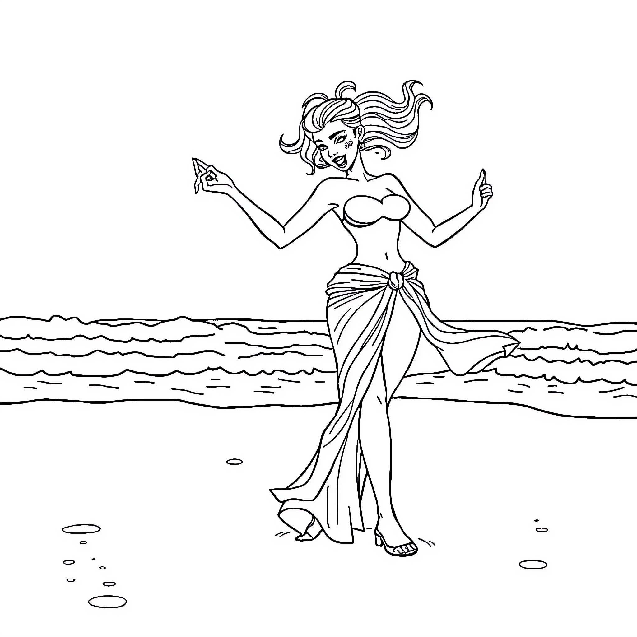 Frieren's Enchanting Beachside Pose Coloring Page (free black-and-white line drawing printable PDF for all, from beginners to advanced learners, including children, teens, adults, and seniors)