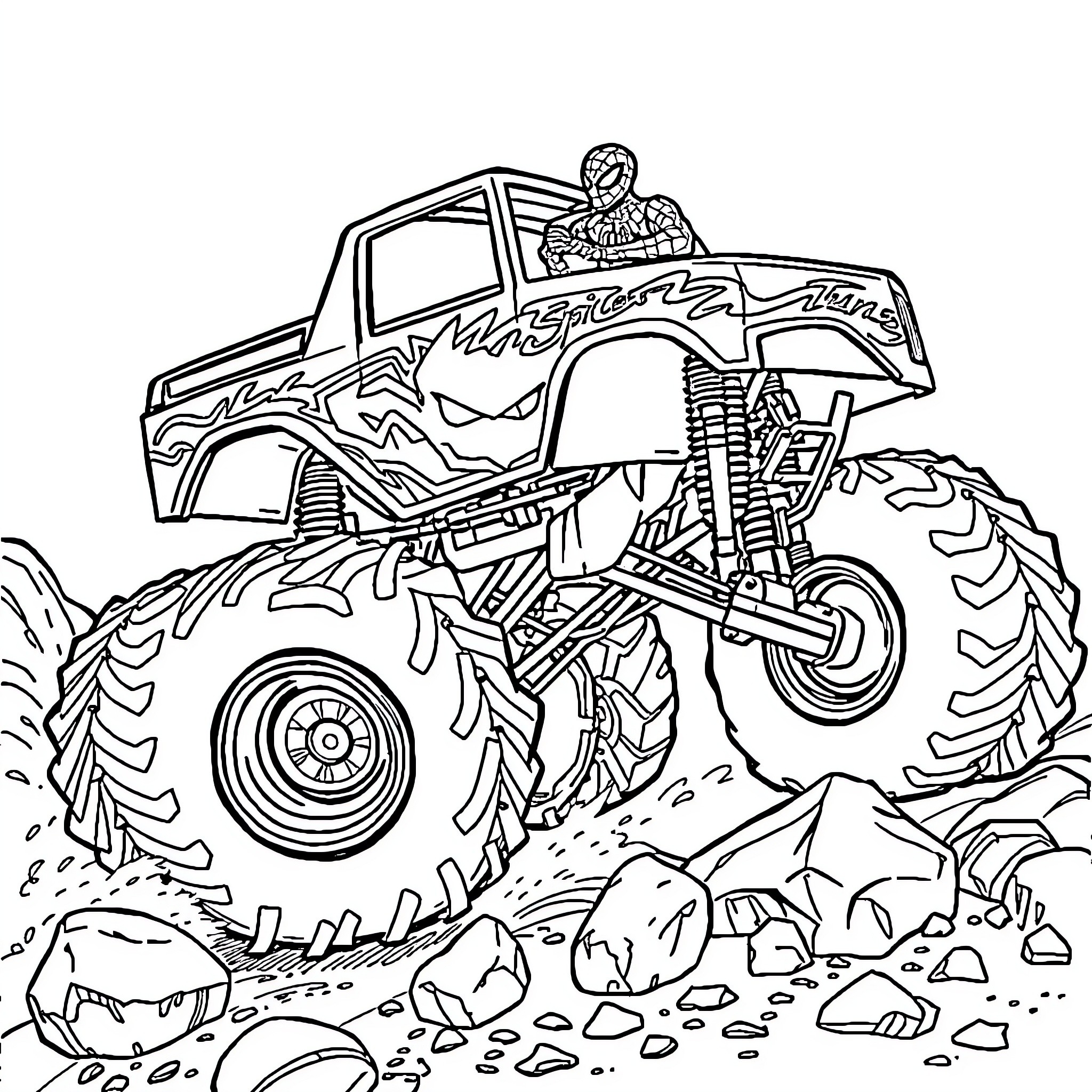 Spider-Man Races Monster Truck Through Rugged Terrain Coloring Page (free black-and-white line drawing printable PDF for all, from beginners to advanced learners, including children, teens, adults, and seniors)
