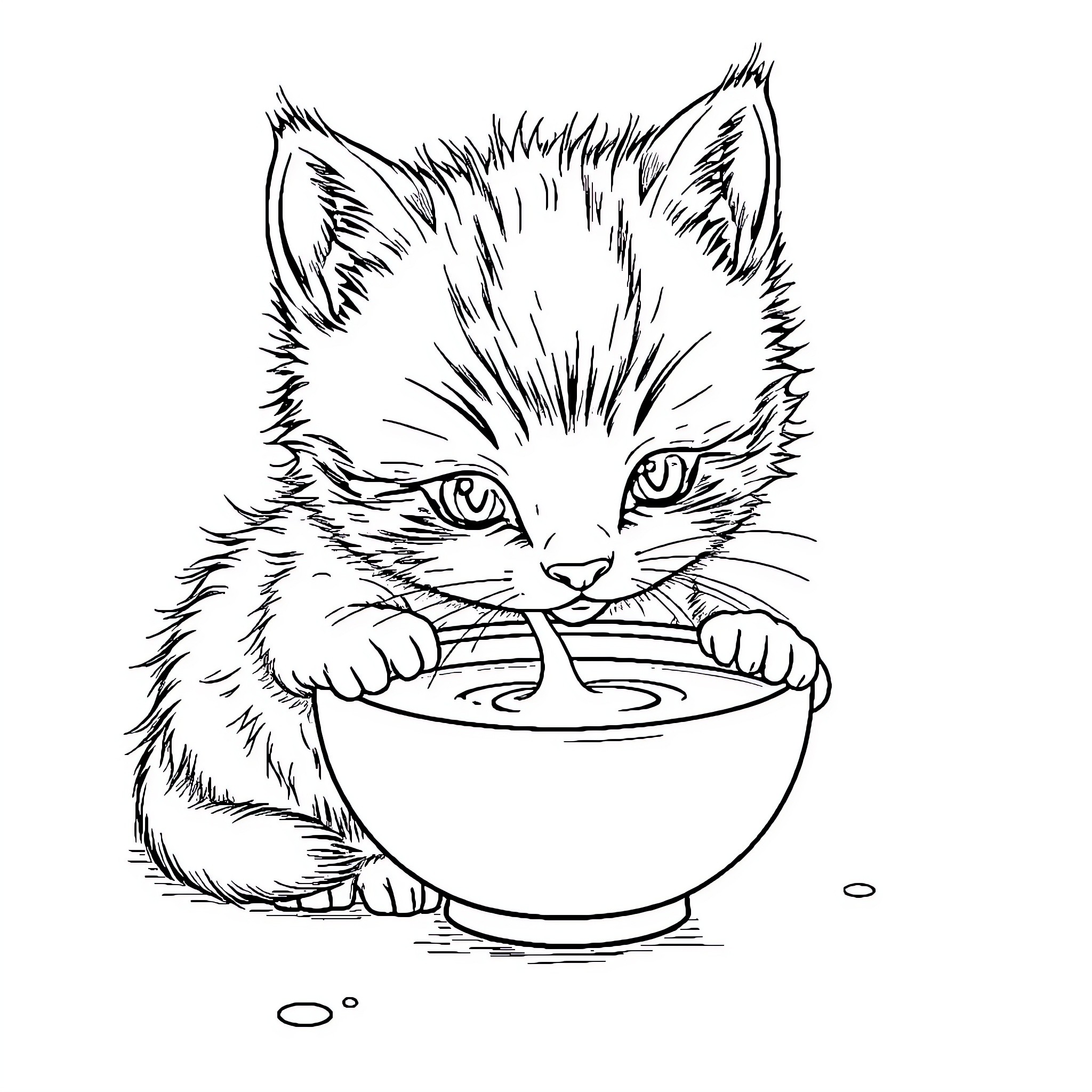 Kitten curiously looking at a bowl Coloring Page (free black-and-white line drawing printable PDF for all, from beginners to advanced learners, including children, teens, adults, and seniors)