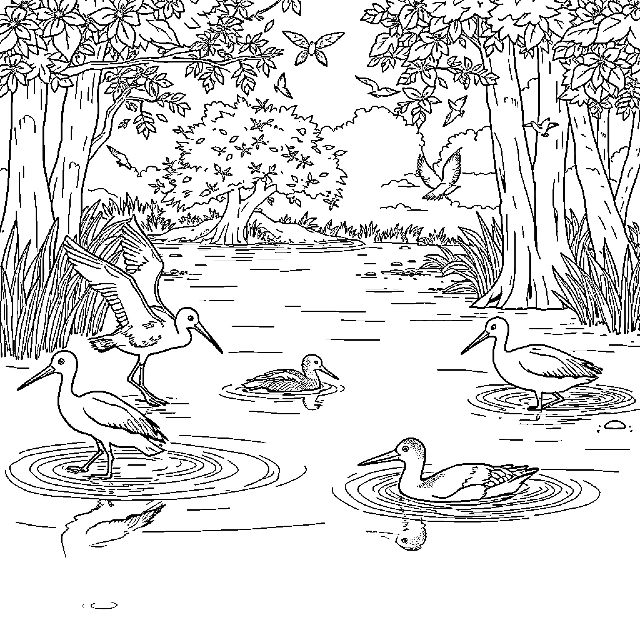 Spoonbills wading in a tranquil pond Coloring Page (free black-and-white line drawing printable PDF for all, from beginners to advanced learners, including children, teens, adults, and seniors)