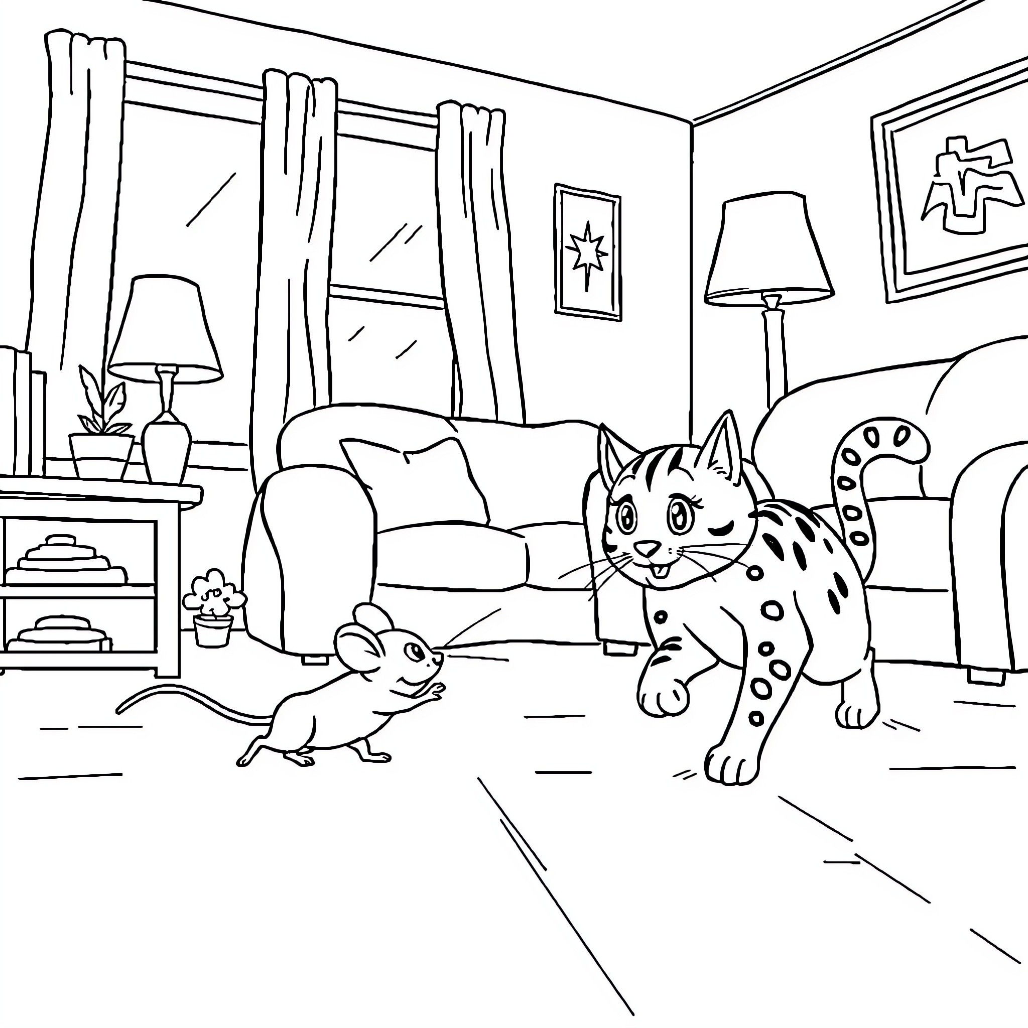 Mouse chasing a playful cat in a cozy living room Coloring Page (free black-and-white line drawing printable PDF for all, from beginners to advanced learners, including children, teens, adults, and seniors)