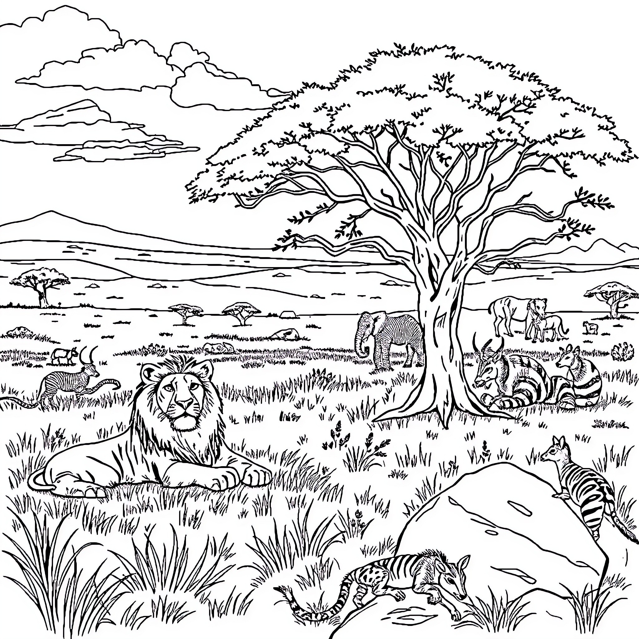Lion resting in the African savanna with wild animals Coloring Page (free black-and-white line drawing printable PDF for all, from beginners to advanced learners, including children, teens, adults, and seniors)