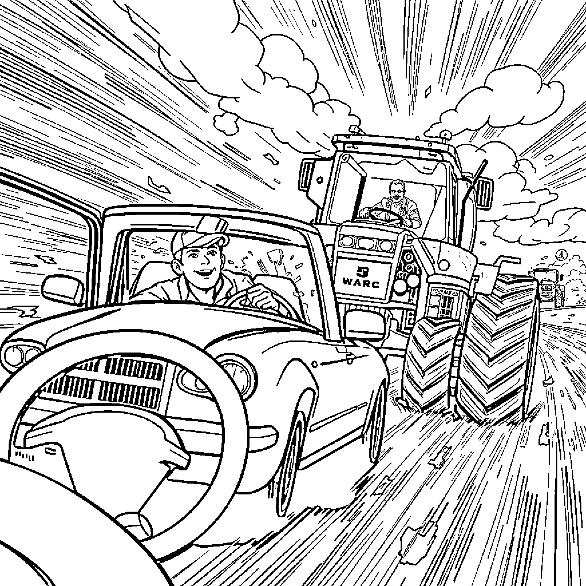 Chase McCain in Thrilling Tractor Pursuit Coloring Page (free black-and-white line drawing printable PDF for all, from beginners to advanced learners, including children, teens, adults, and seniors)