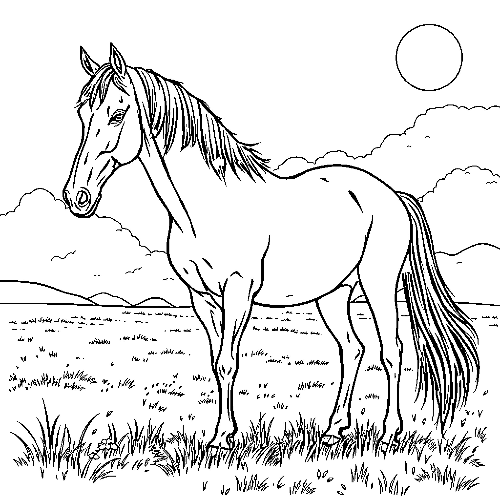 Dalla Horse grazing peacefully in a natural landscape Coloring Page (free black-and-white line drawing printable PDF for all, from beginners to advanced learners, including children, teens, adults, and seniors)
