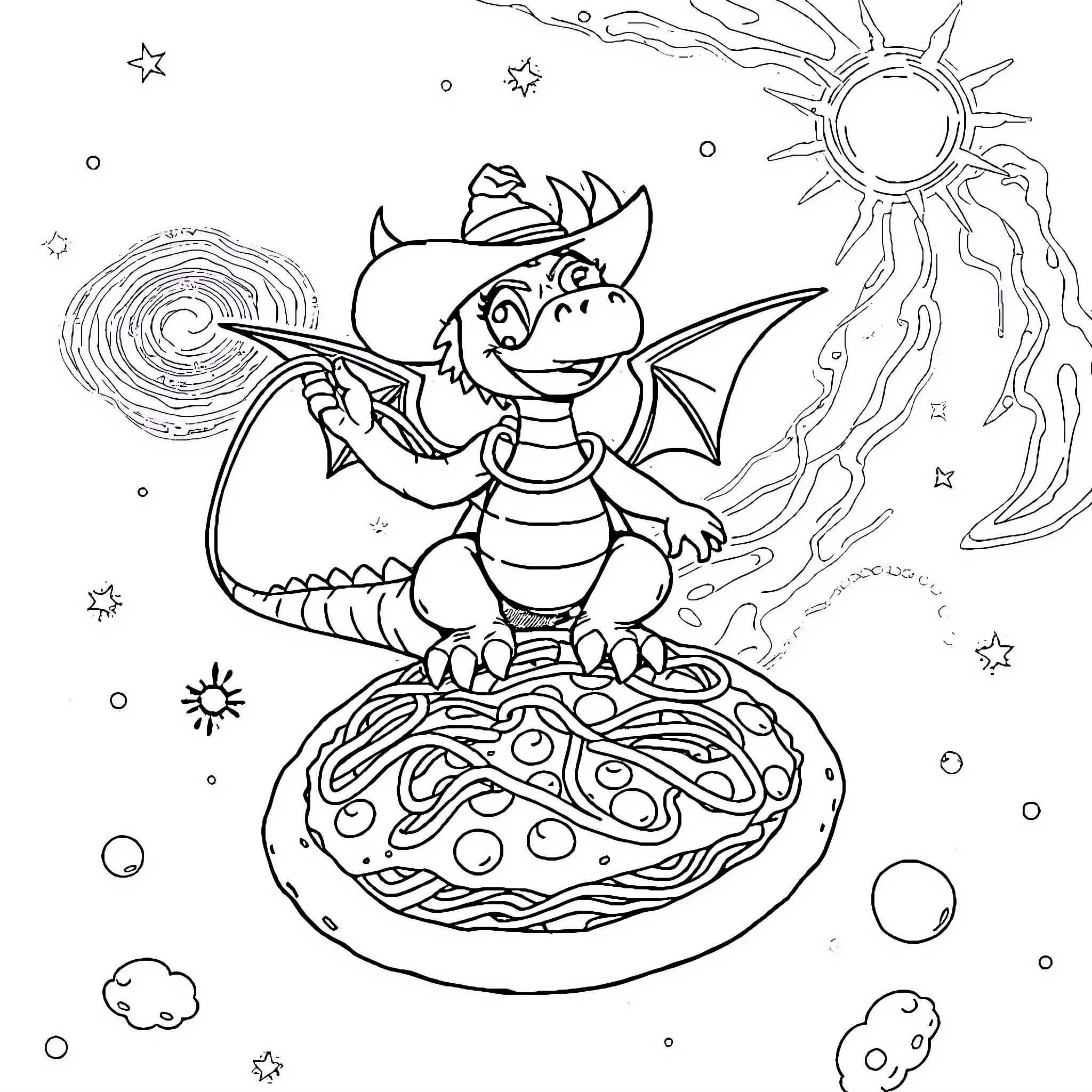 Cowboy Dragon Riding a Cosmic Pizza Coloring Page (free black-and-white line drawing printable PDF for all, from beginners to advanced learners, including children, teens, adults, and seniors)