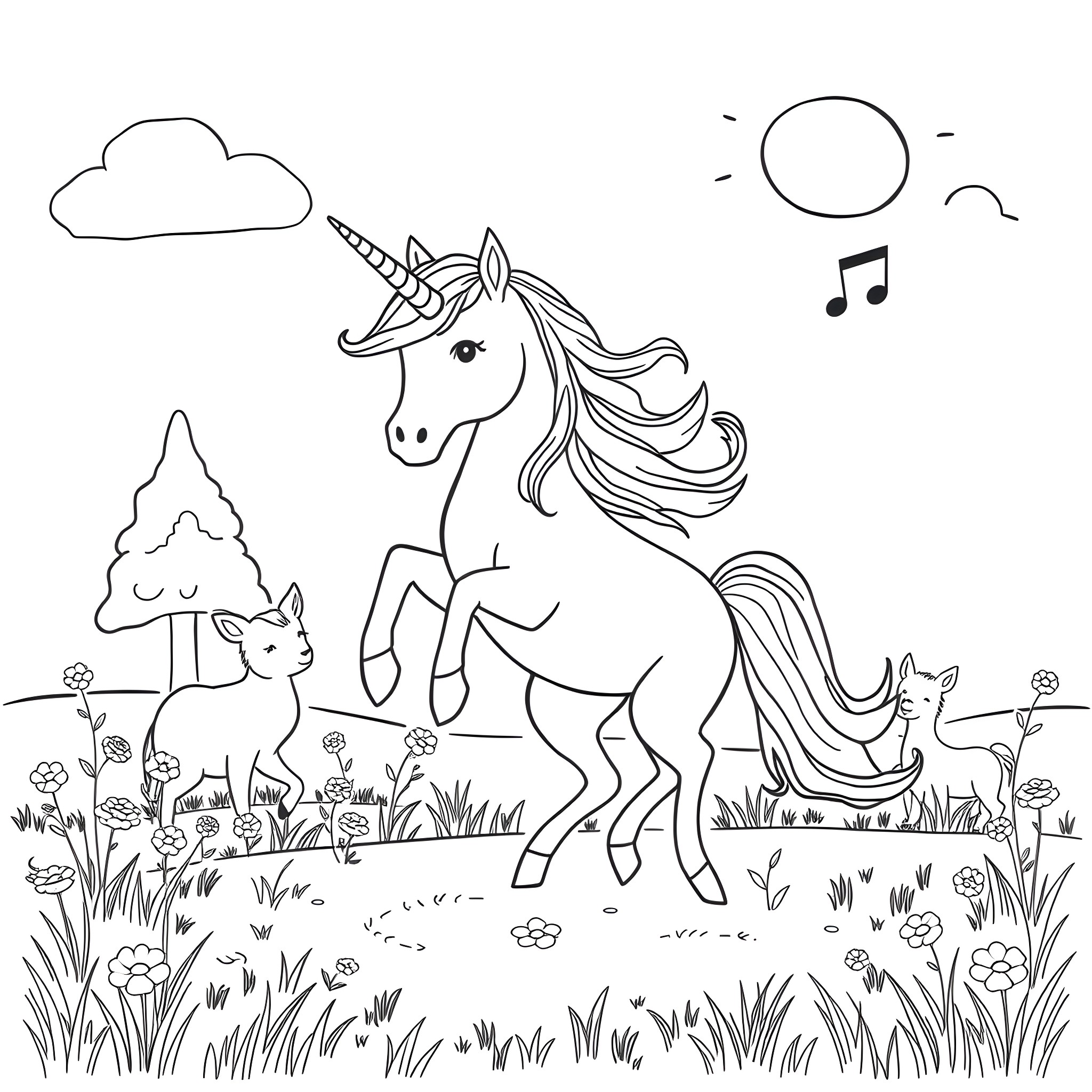 Unicorn frolicking joyfully in a whimsical meadow Coloring Page (free black-and-white line drawing printable PDF for all, from beginners to advanced learners, including children, teens, adults, and seniors)