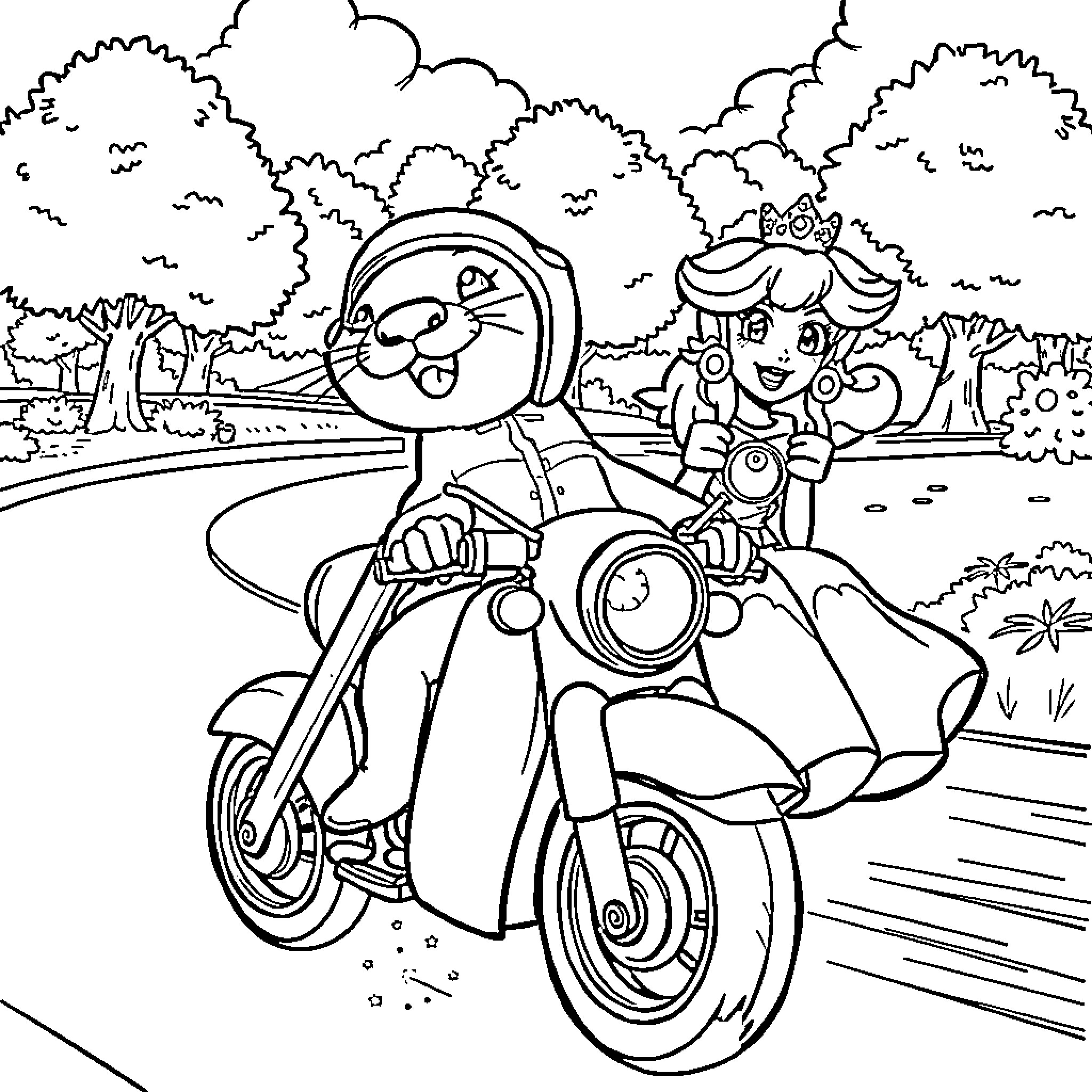 Otter riding scooter with a friend in the park Coloring Page (free black-and-white line drawing printable PDF for all, from beginners to advanced learners, including children, teens, adults, and seniors)