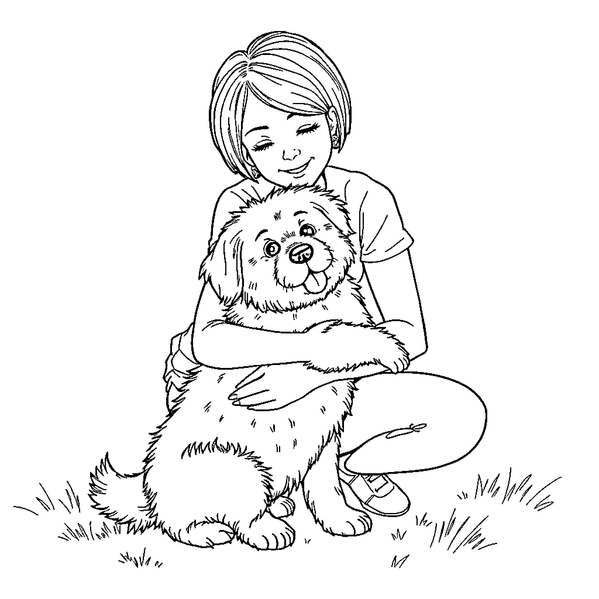 Lady and Her Furry Companion Coloring Page (free black-and-white line drawing printable PDF for all, from beginners to advanced learners, including children, teens, adults, and seniors)