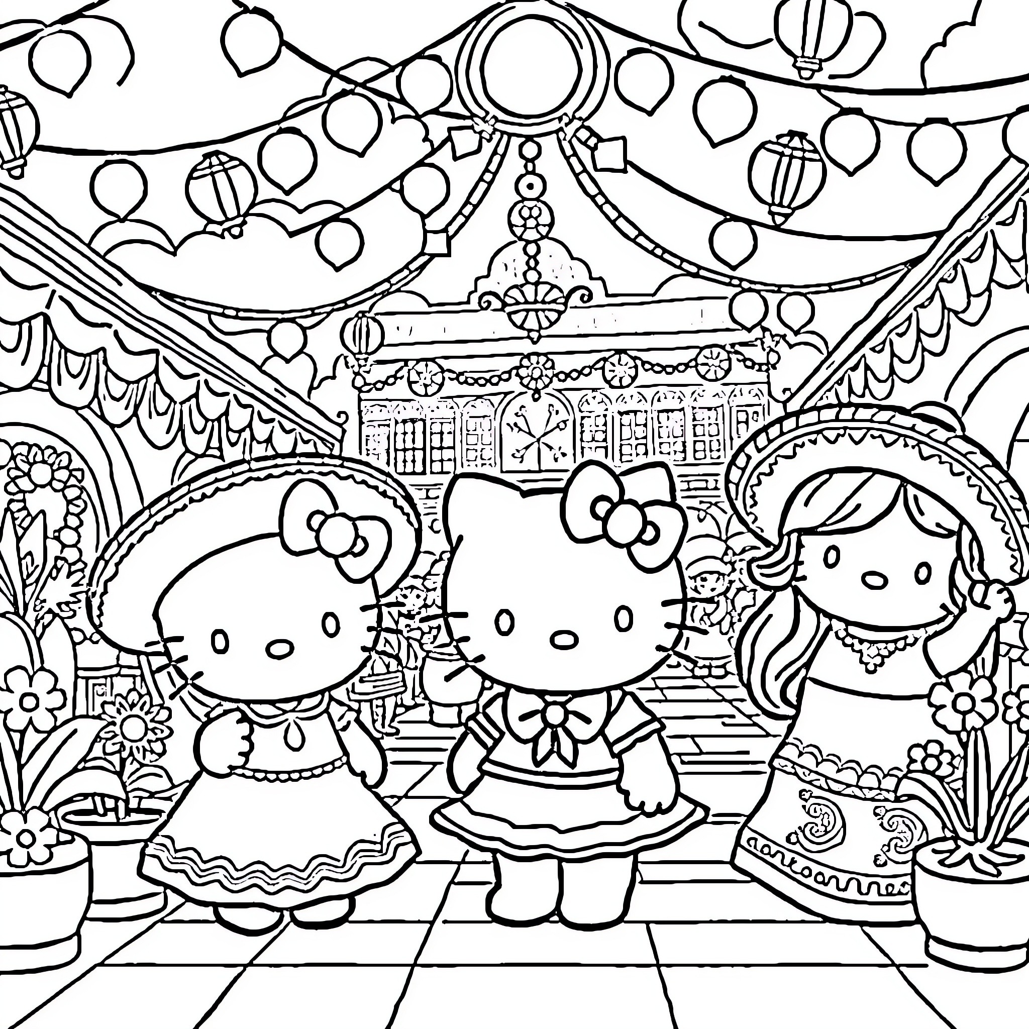 Hello Kitty and Friends in a Festive Celebration Coloring Page (free black-and-white line drawing printable PDF for all, from beginners to advanced learners, including children, teens, adults, and seniors)