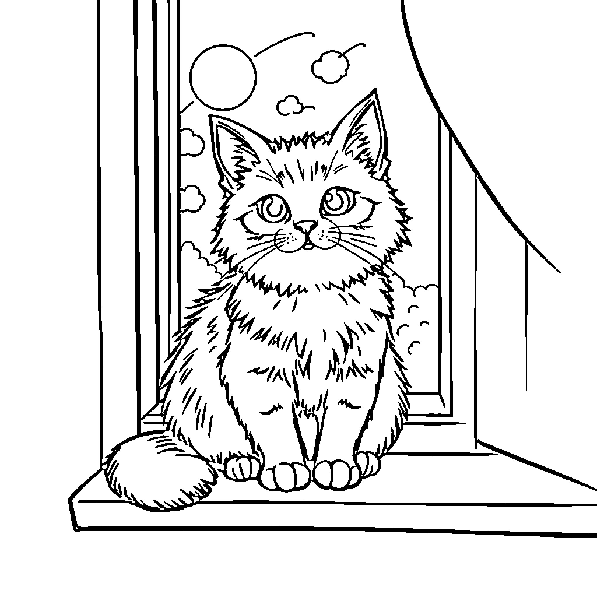 Cat sitting by the window Coloring Page (free black-and-white line drawing printable PDF for all, from beginners to advanced learners, including children, teens, adults, and seniors)
