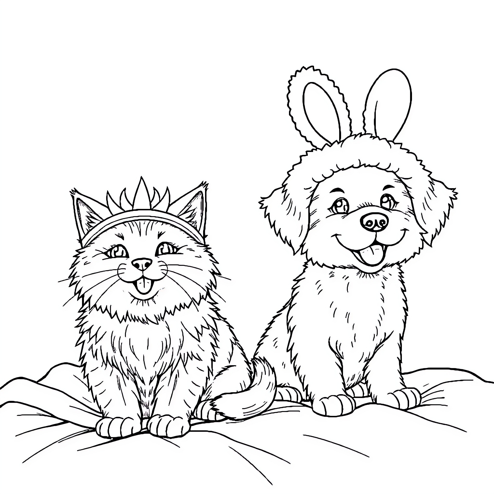 Cat and Puppy with Playful Expressions Coloring Page (free black-and-white line drawing printable PDF for all, from beginners to advanced learners, including children, teens, adults, and seniors)