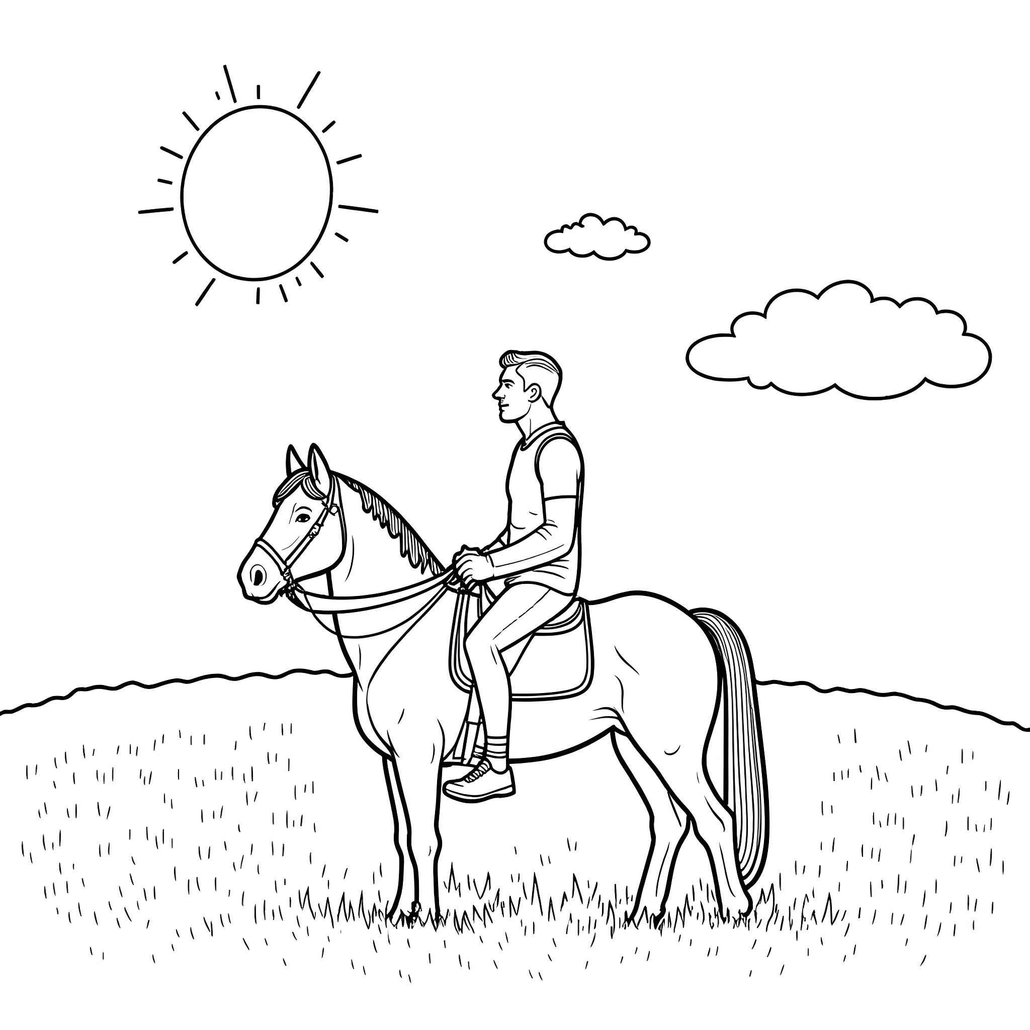 Nikola Jokic riding a horse in a peaceful countryside Coloring Page (free black-and-white line drawing printable PDF for all, from beginners to advanced learners, including children, teens, adults, and seniors)