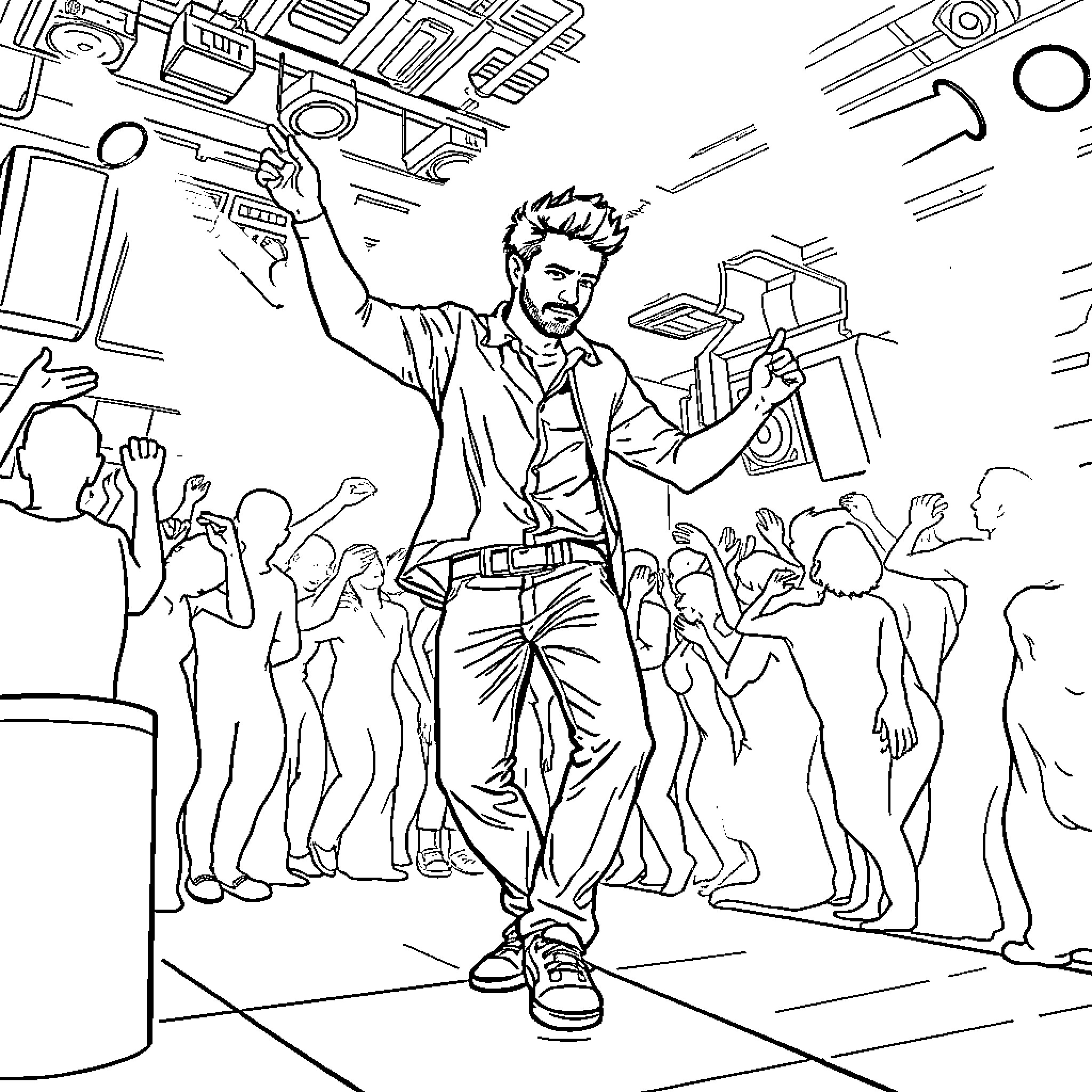 Man performing onstage with energetic crowd Coloring Page (free black-and-white line drawing printable PDF for all, from beginners to advanced learners, including children, teens, adults, and seniors)