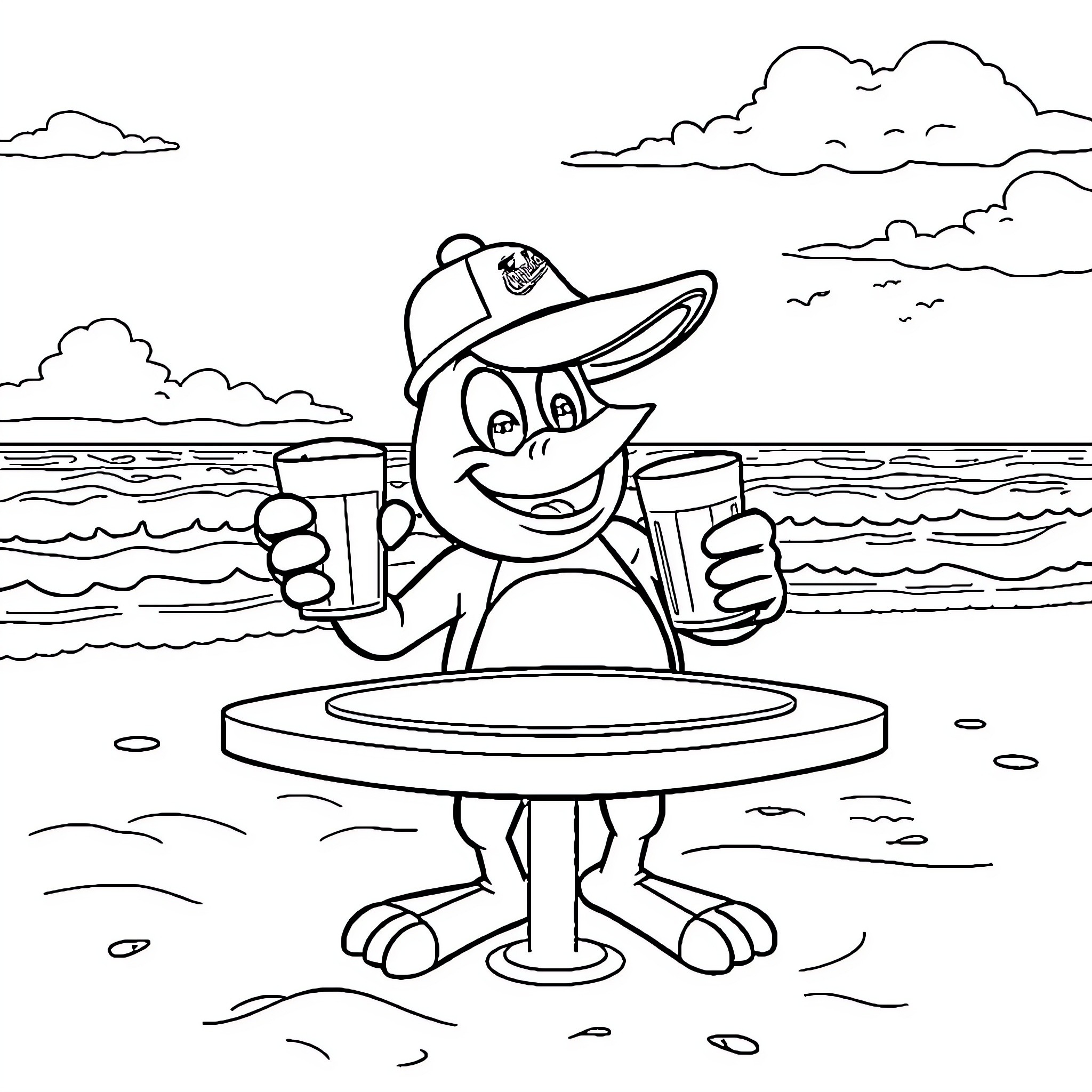 Oriole Enjoying Refreshments on the Beach Coloring Page (free black-and-white line drawing printable PDF for all, from beginners to advanced learners, including children, teens, adults, and seniors)