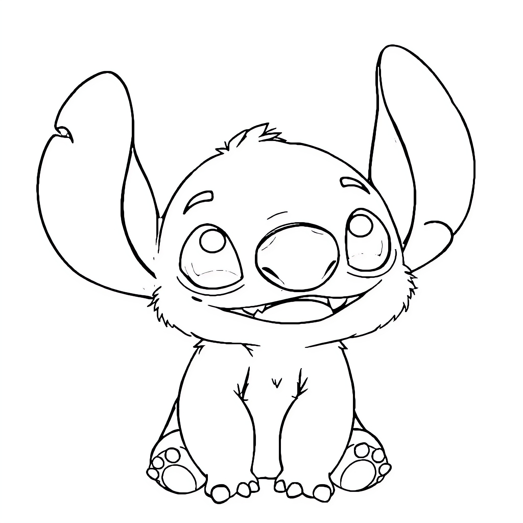 Stitch sitting happily with big smile Coloring Page (free black-and-white line drawing printable PDF for all, from beginners to advanced learners, including children, teens, adults, and seniors)