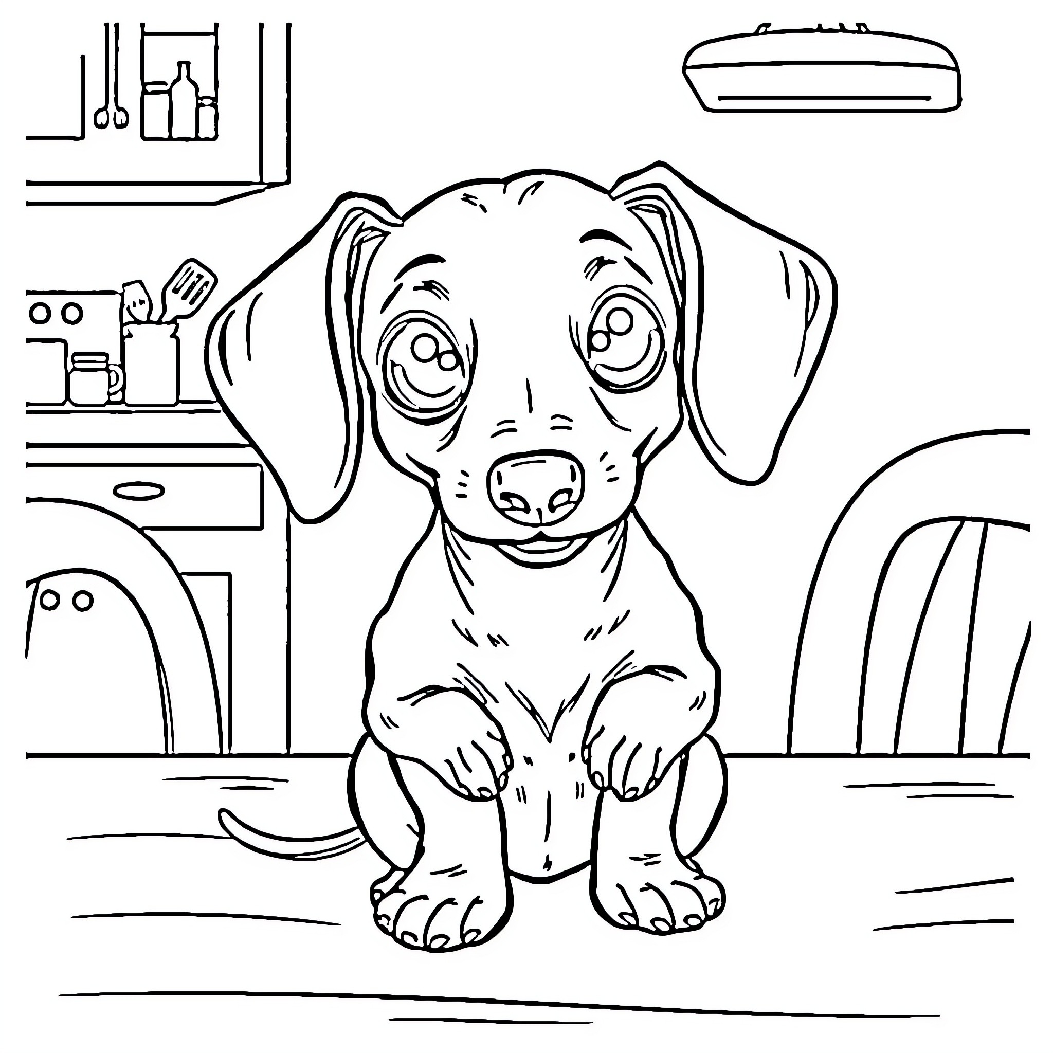 Dachshund sitting adorably in the kitchen Coloring Page (free black-and-white line drawing printable PDF for all, from beginners to advanced learners, including children, teens, adults, and seniors)