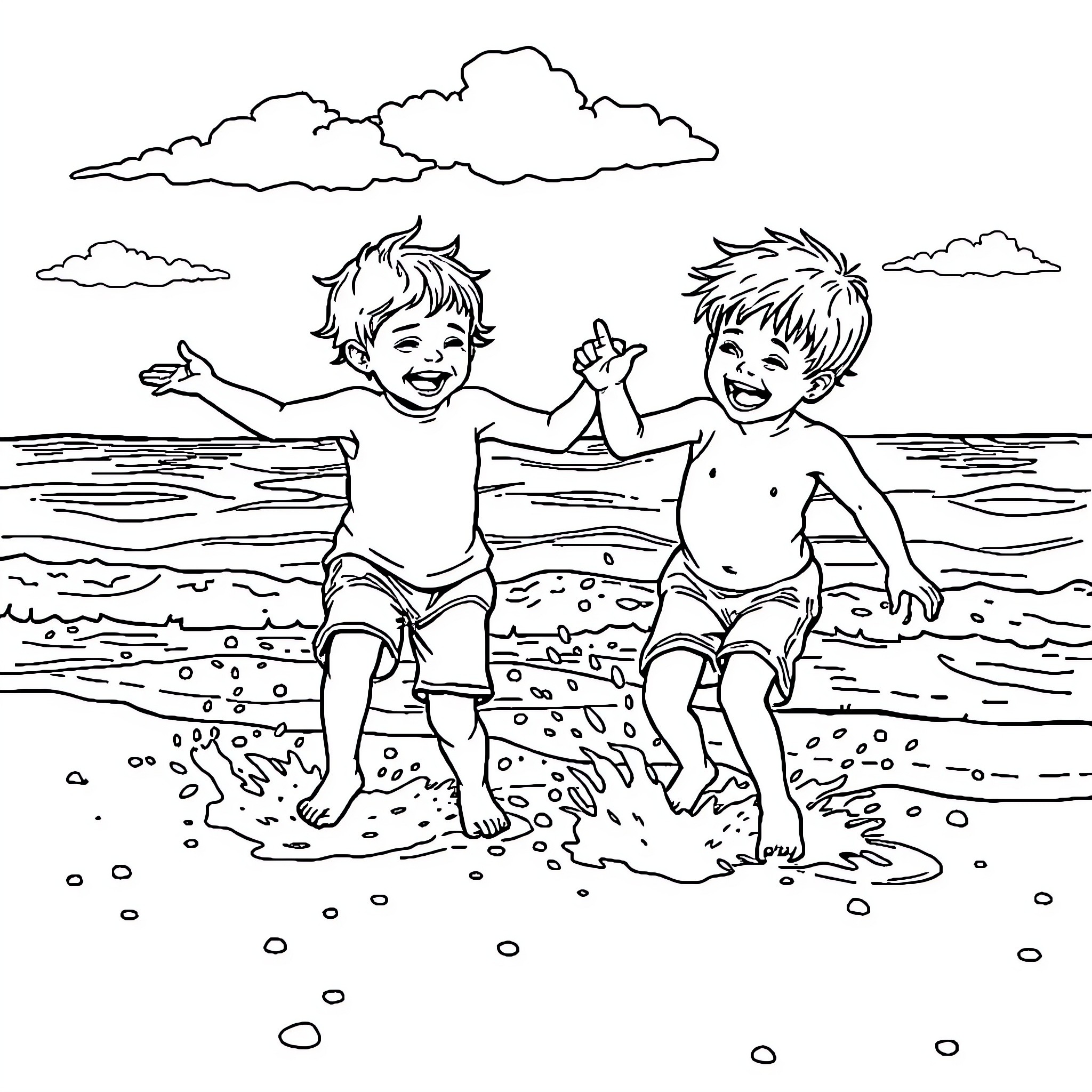 Children playing happily on the beach Coloring Page (free black-and-white line drawing printable PDF for all, from beginners to advanced learners, including children, teens, adults, and seniors)