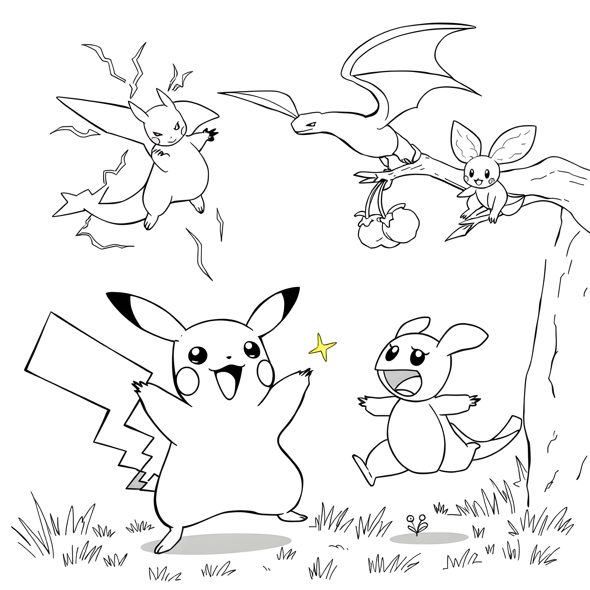 Pokémon characters in playful poses and scenes Coloring Page (free black-and-white line drawing printable PDF for all, from beginners to advanced learners, including children, teens, adults, and seniors)