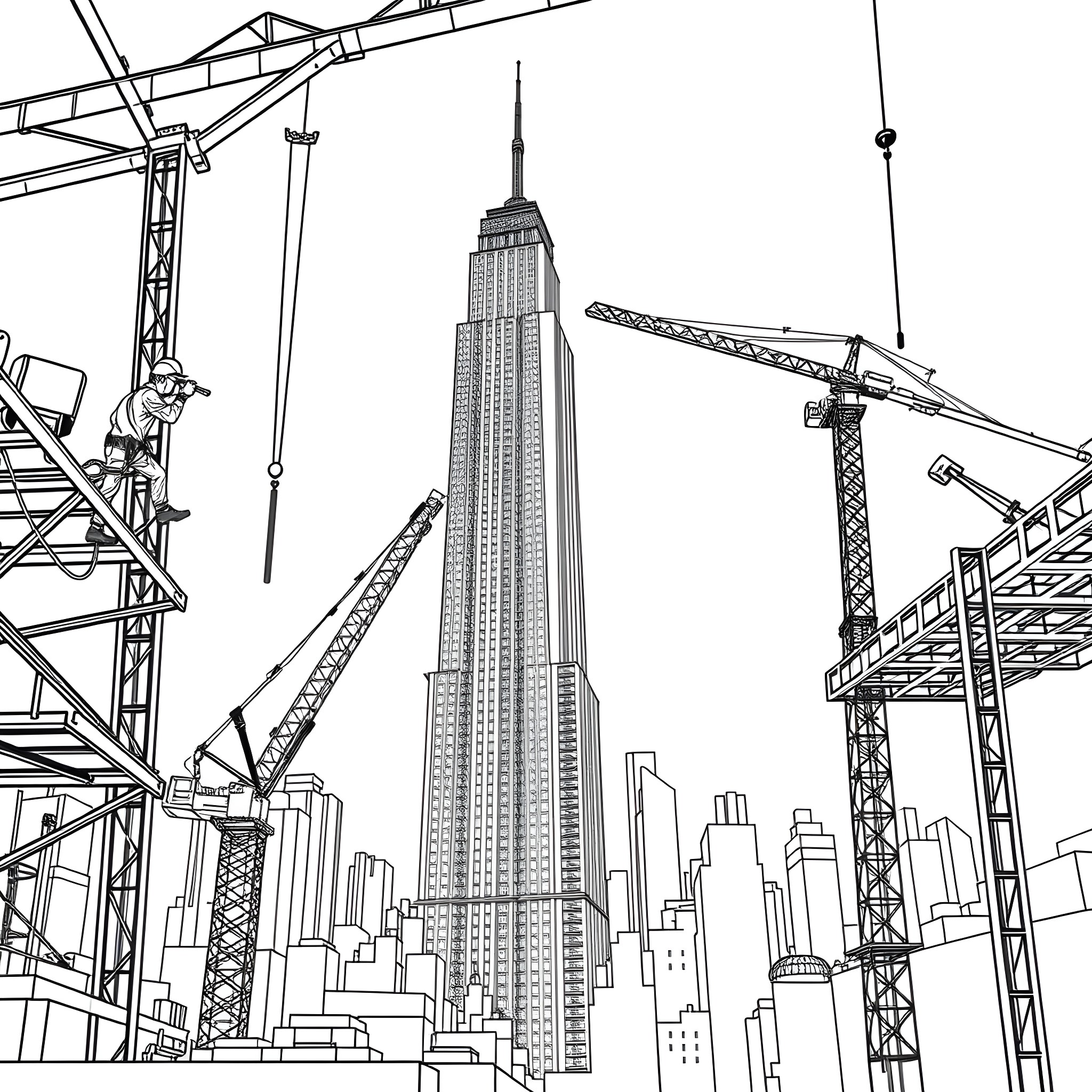 Ironworker constructing a skyscraper in the city Coloring Page (free black-and-white line drawing printable PDF for all, from beginners to advanced learners, including children, teens, adults, and seniors)