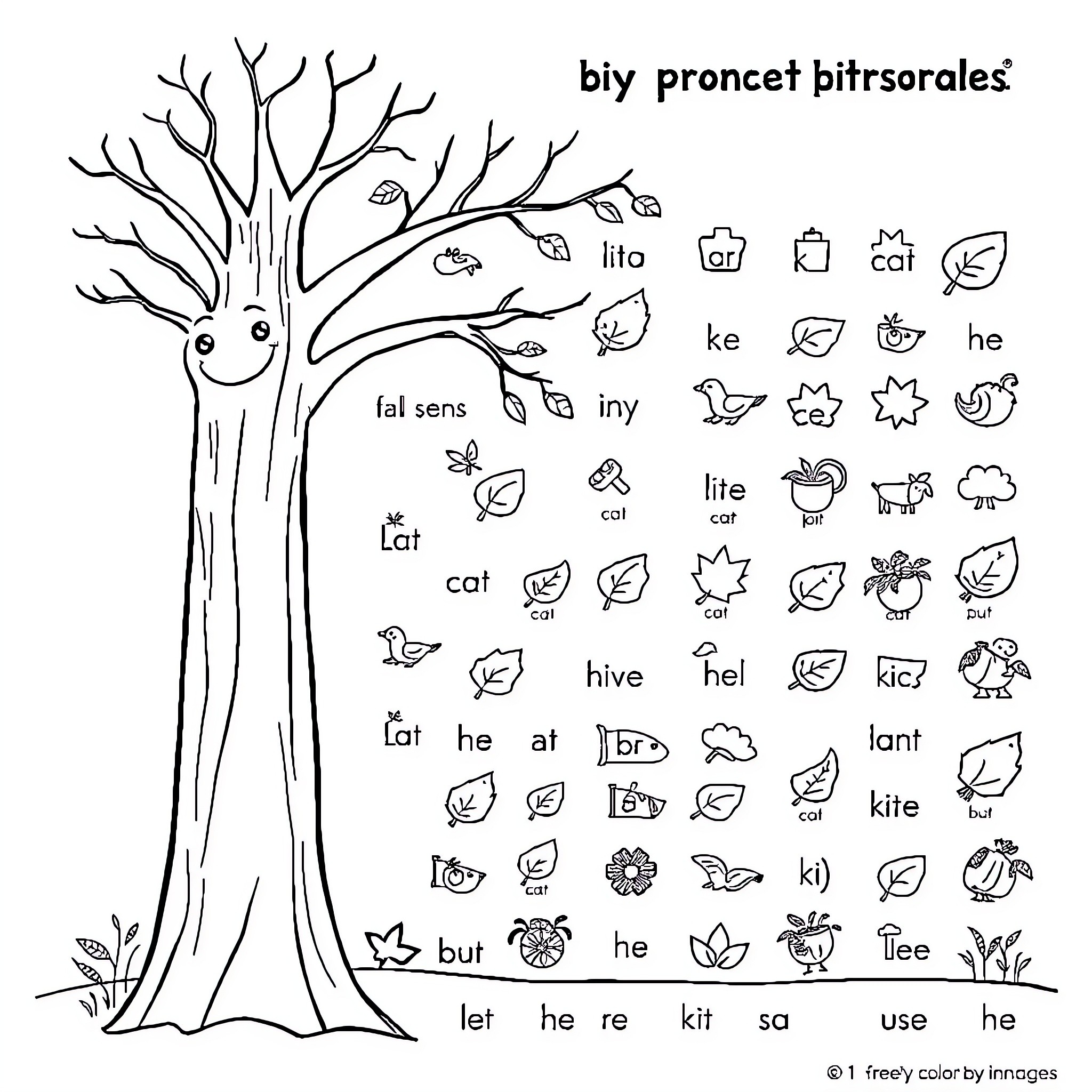 Tree with many whimsical icons and symbols Coloring Page (free black-and-white line drawing printable PDF for all, from beginners to advanced learners, including children, teens, adults, and seniors)