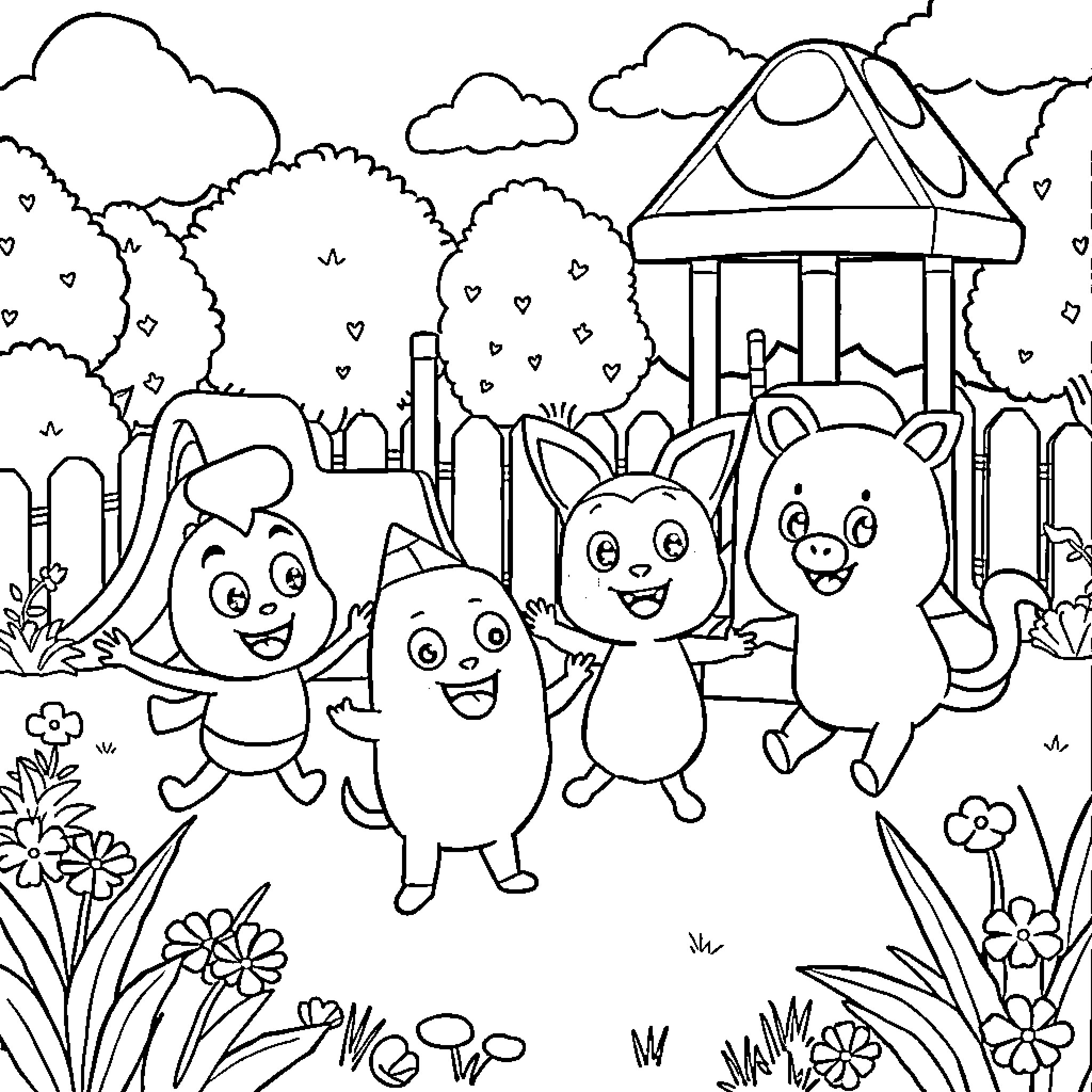 Plim Plim characters explore the whimsical garden scene Coloring Page (free black-and-white line drawing printable PDF for all, from beginners to advanced learners, including children, teens, adults, and seniors)
