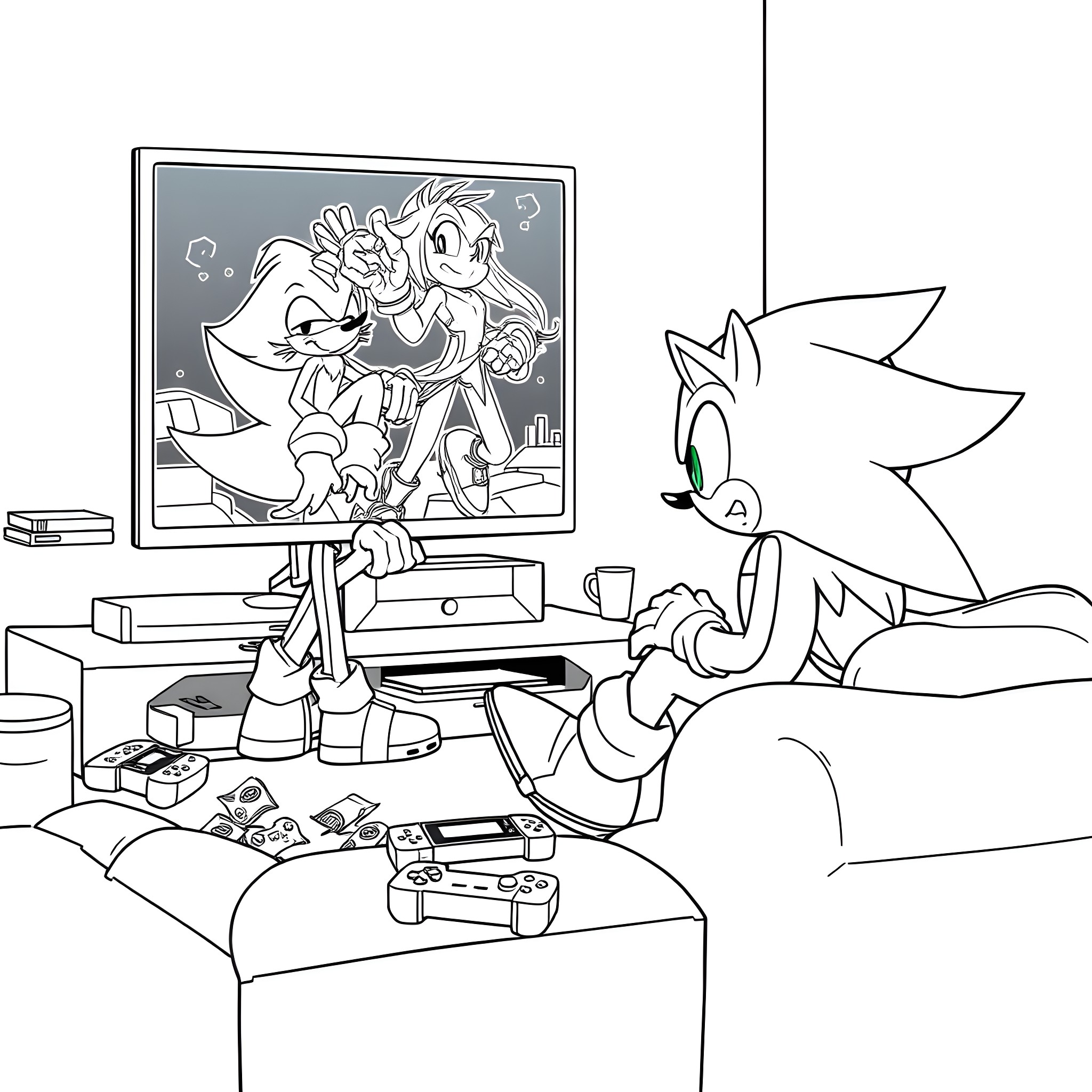 Sonic gaming with friends on TV Coloring Page (free black-and-white line drawing printable PDF for all, from beginners to advanced learners, including children, teens, adults, and seniors)