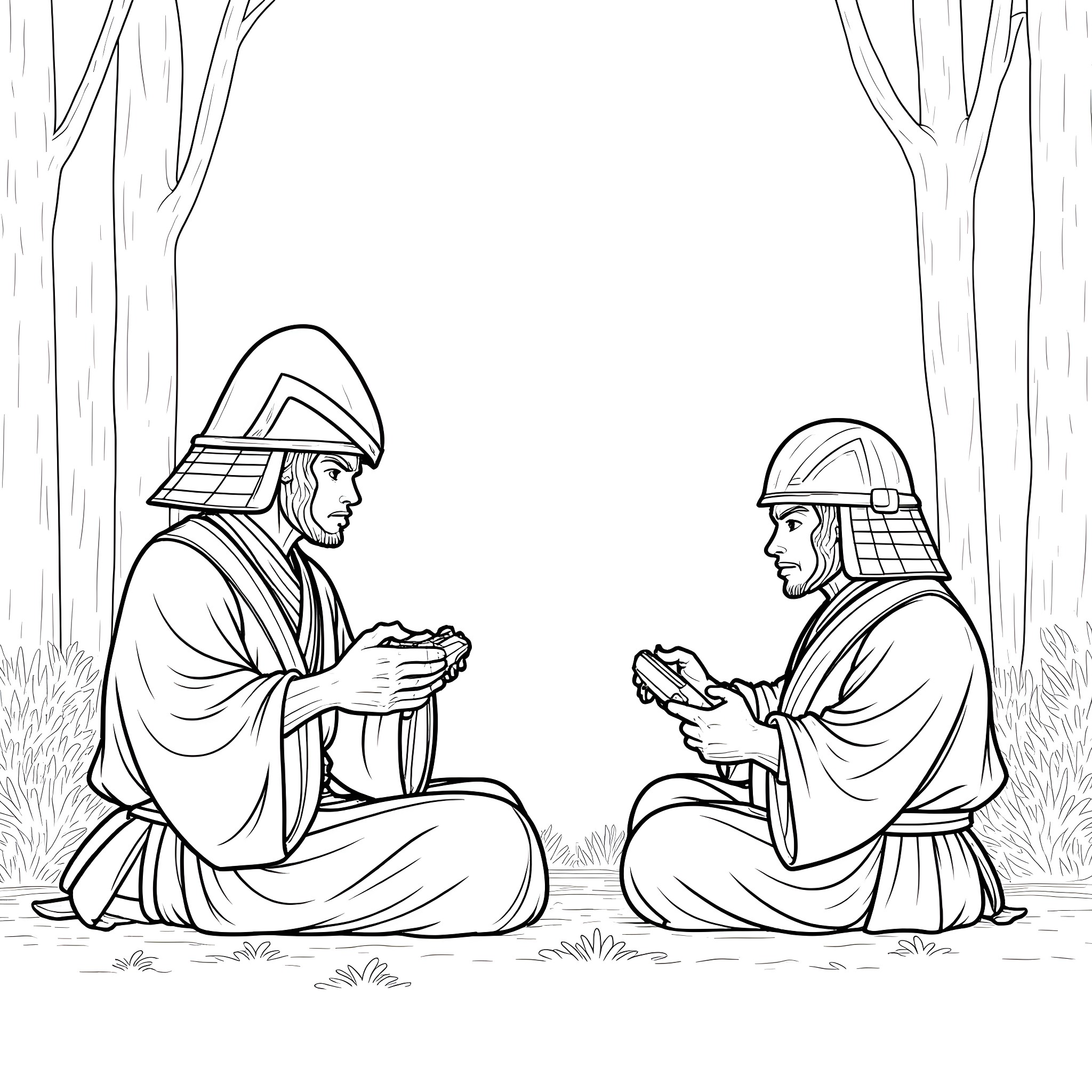 Samurai warriors engaging in ceremonial tea ceremony Coloring Page (free black-and-white line drawing printable PDF for all, from beginners to advanced learners, including children, teens, adults, and seniors)