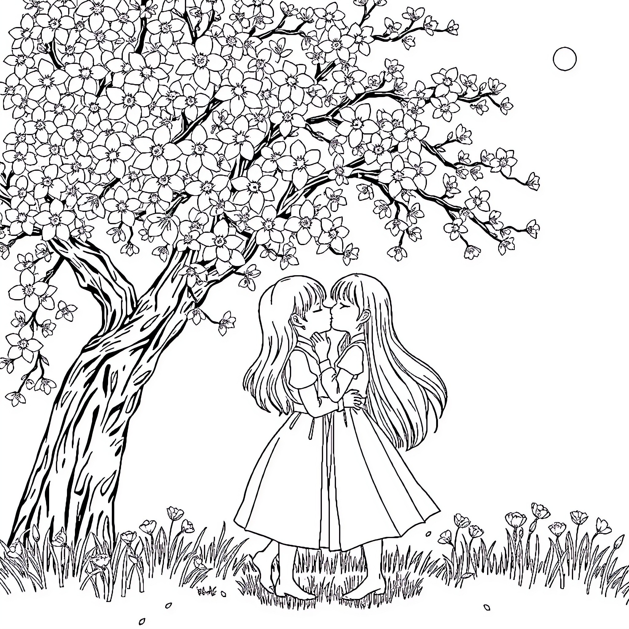 Girl embracing under blossoming tree Coloring Page (free black-and-white line drawing printable PDF for all, from beginners to advanced learners, including children, teens, adults, and seniors)