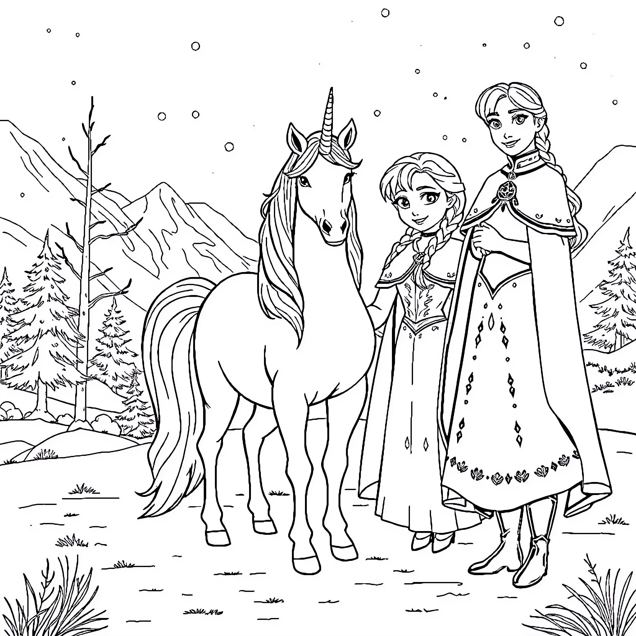 Unicorn and the Snow Sisters in the Icy Landscape Coloring Page (free black-and-white line drawing printable PDF for all, from beginners to advanced learners, including children, teens, adults, and seniors)