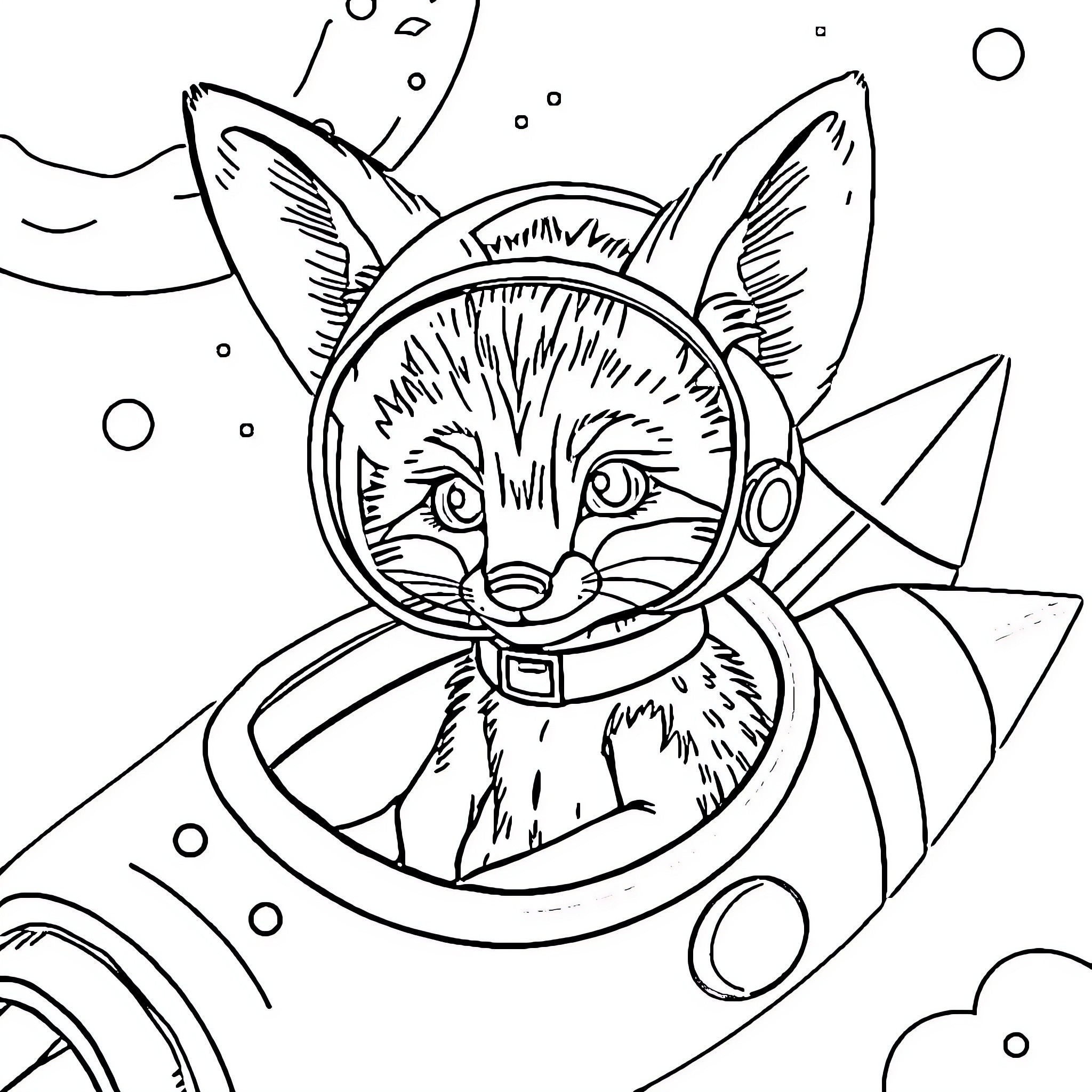 Fennec Fox in Outer Space Adventure Coloring Page (free black-and-white line drawing printable PDF for all, from beginners to advanced learners, including children, teens, adults, and seniors)
