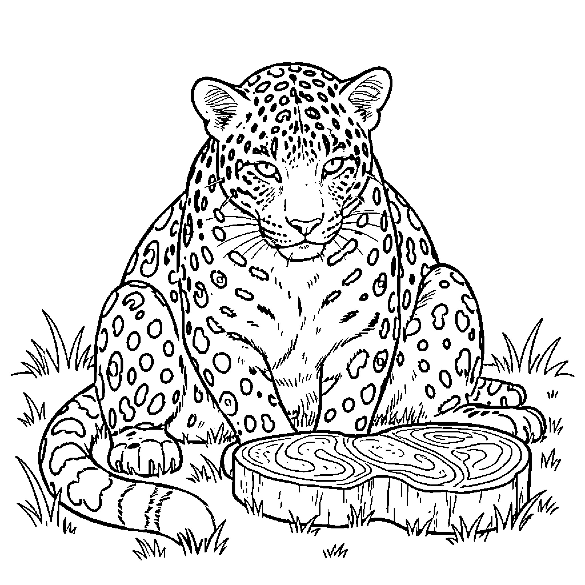 Leopard sitting calmly beside a wooden log Coloring Page (free black-and-white line drawing printable PDF for all, from beginners to advanced learners, including children, teens, adults, and seniors)