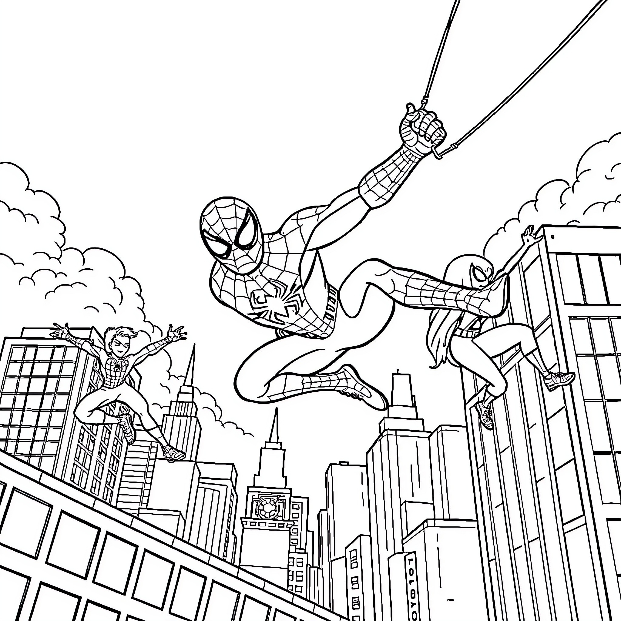 Spiderman swinging through the city skyline Coloring Page (free black-and-white line drawing printable PDF for all, from beginners to advanced learners, including children, teens, adults, and seniors)