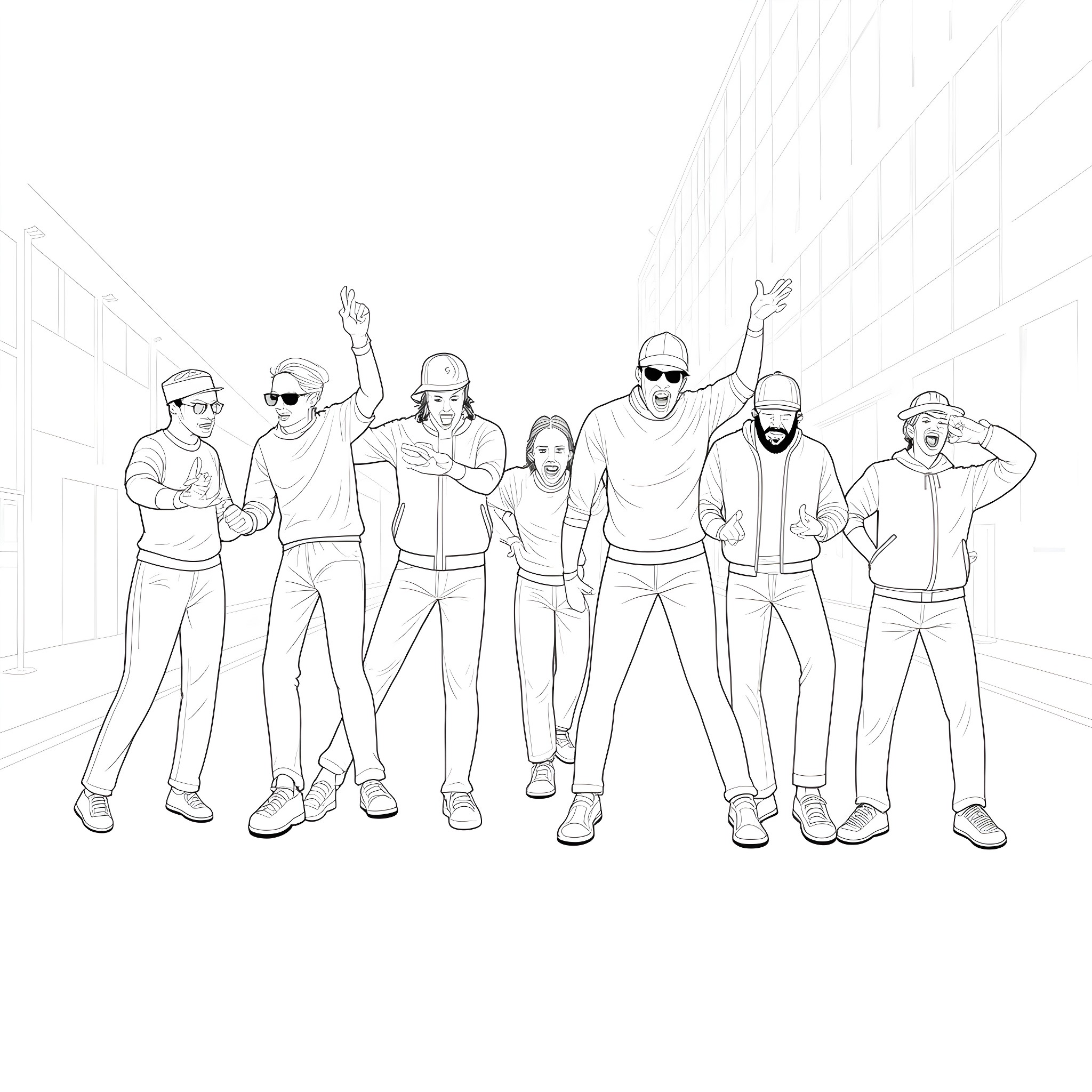 Gang celebrating and expressing joy Coloring Page (free black-and-white line drawing printable PDF for all, from beginners to advanced learners, including children, teens, adults, and seniors)