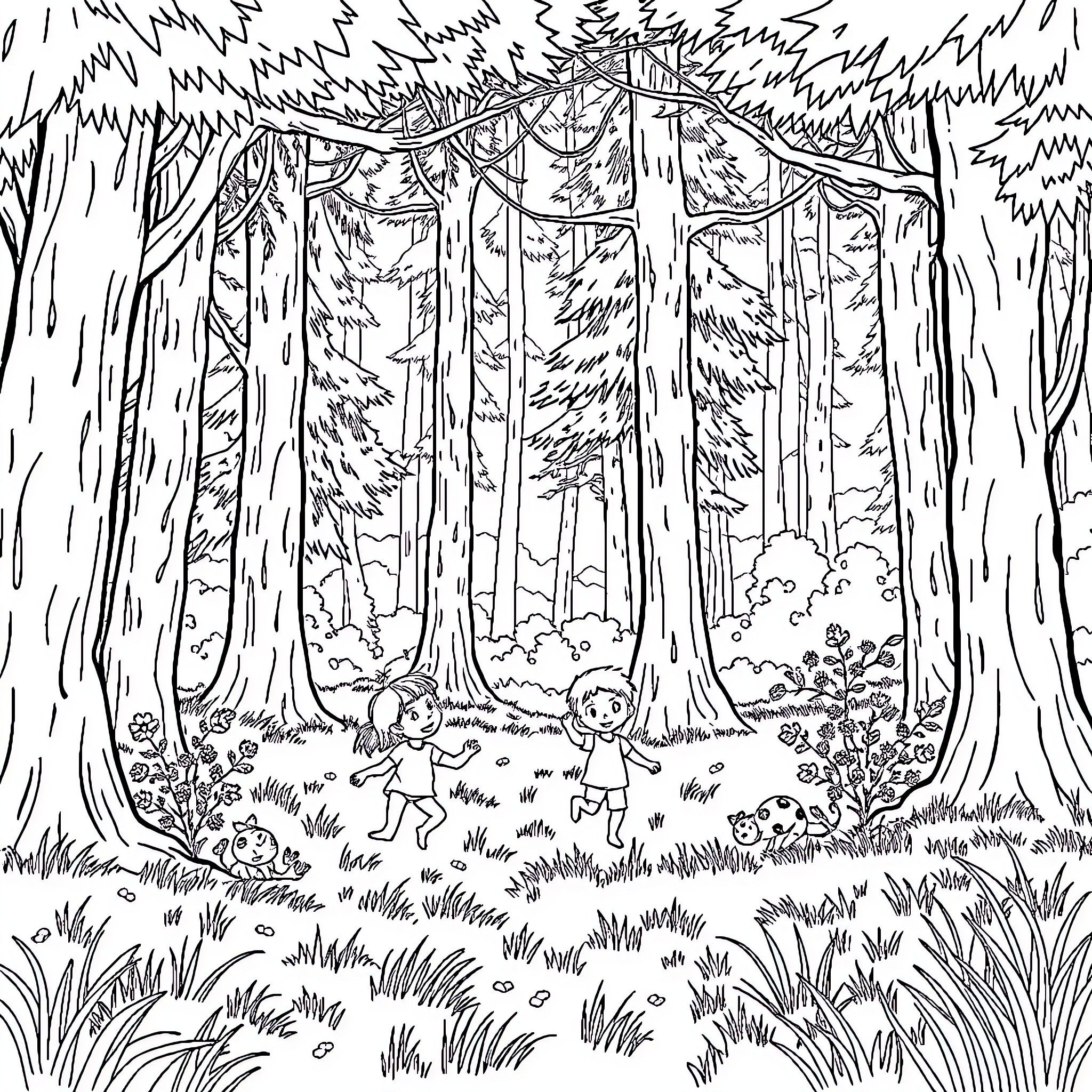 Lynx playing in the enchanted forest Coloring Page (free black-and-white line drawing printable PDF for all, from beginners to advanced learners, including children, teens, adults, and seniors)