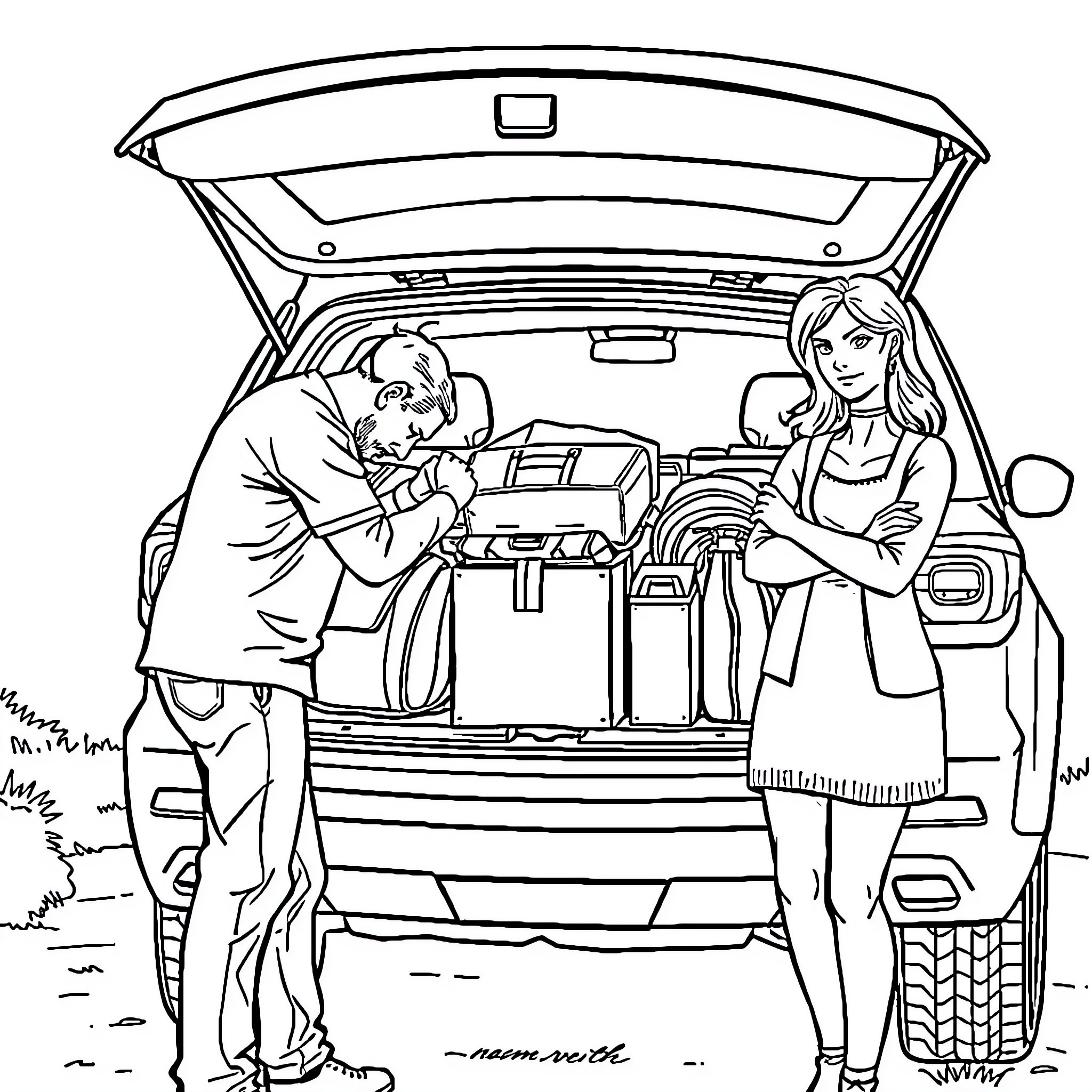 Man packing luggage with woman in car trunk Coloring Page (free black-and-white line drawing printable PDF for all, from beginners to advanced learners, including children, teens, adults, and seniors)