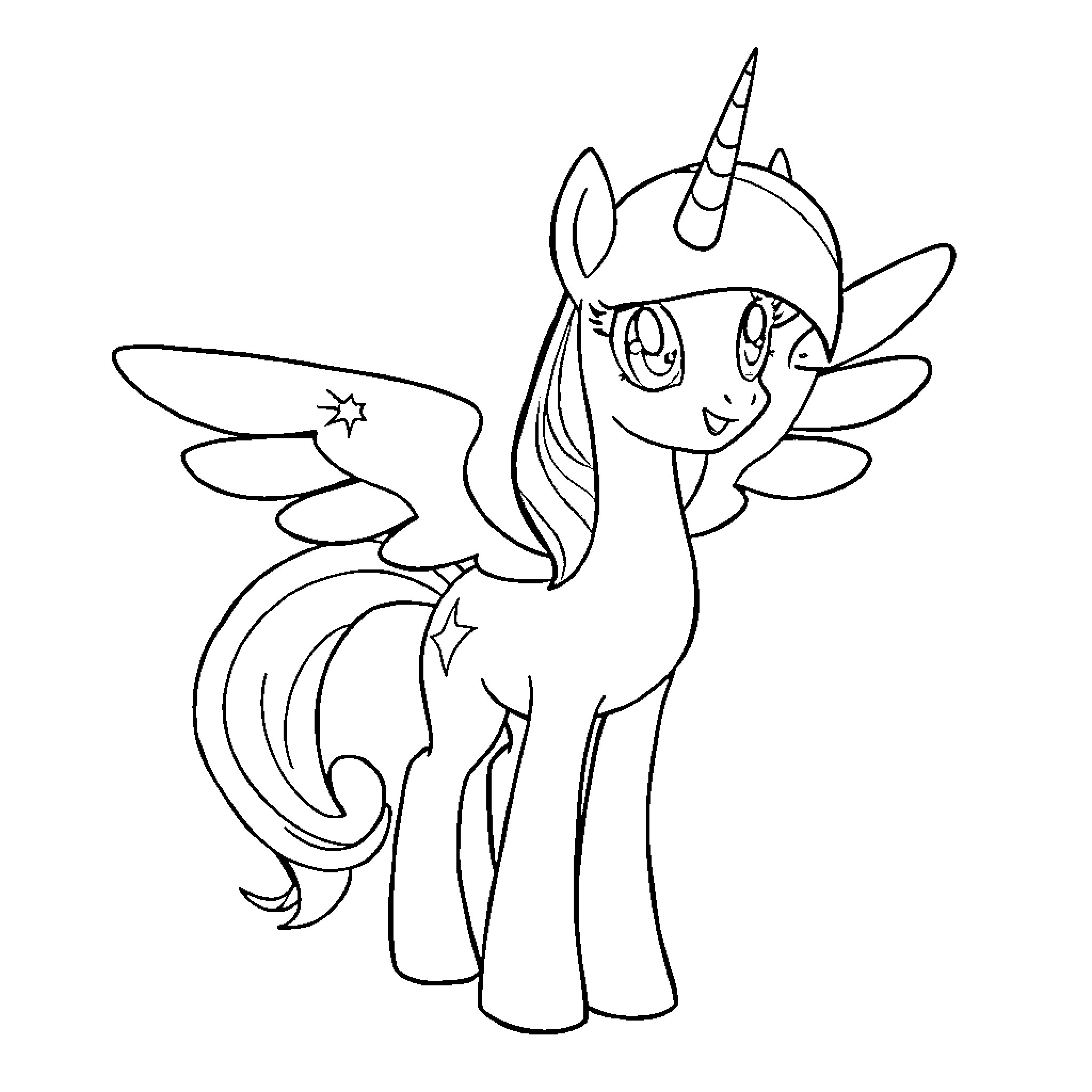 Twilight Sparkle in a whimsical pose Coloring Page (free black-and-white line drawing printable PDF for all, from beginners to advanced learners, including children, teens, adults, and seniors)