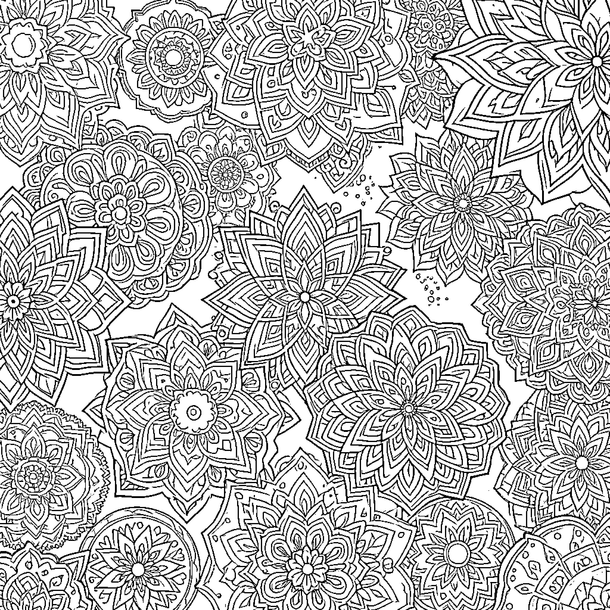 Mandalas arranged in a dense overlapping floral pattern Coloring Page (free black-and-white line drawing printable PDF for all, from beginners to advanced learners, including children, teens, adults, and seniors)