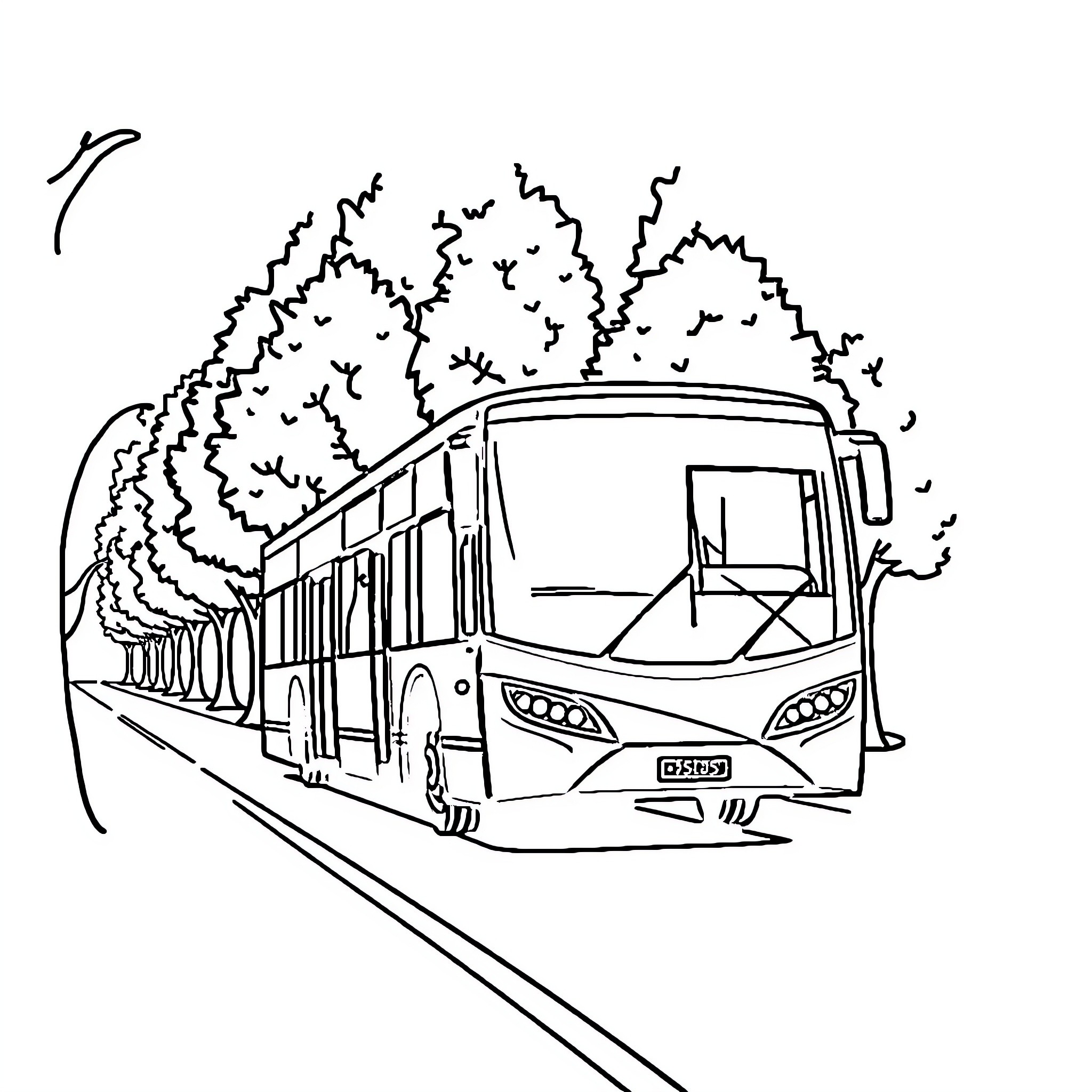 Bus traveling on scenic route through forest Coloring Page (free black-and-white line drawing printable PDF for all, from beginners to advanced learners, including children, teens, adults, and seniors)