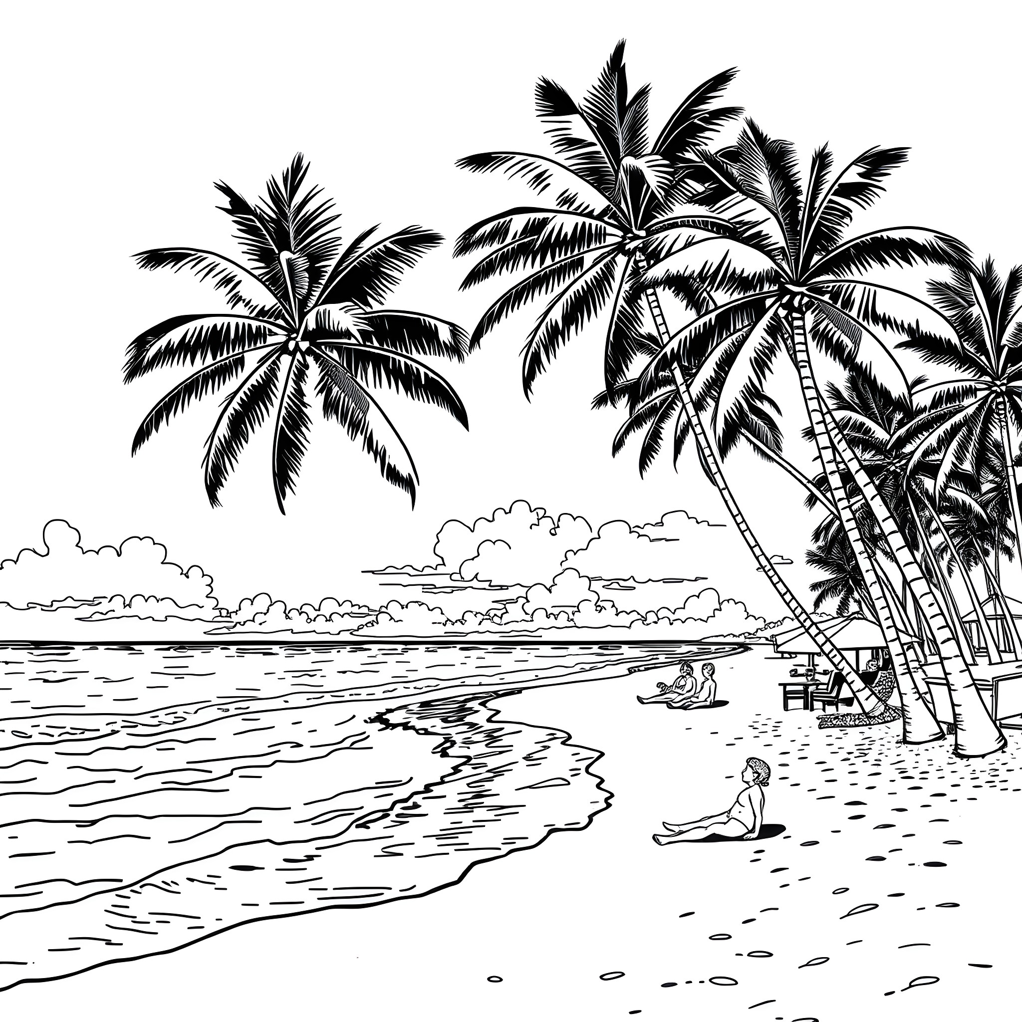 Palm Beach resort with people relaxing on sandy shore Coloring Page (free black-and-white line drawing printable PDF for all, from beginners to advanced learners, including children, teens, adults, and seniors)