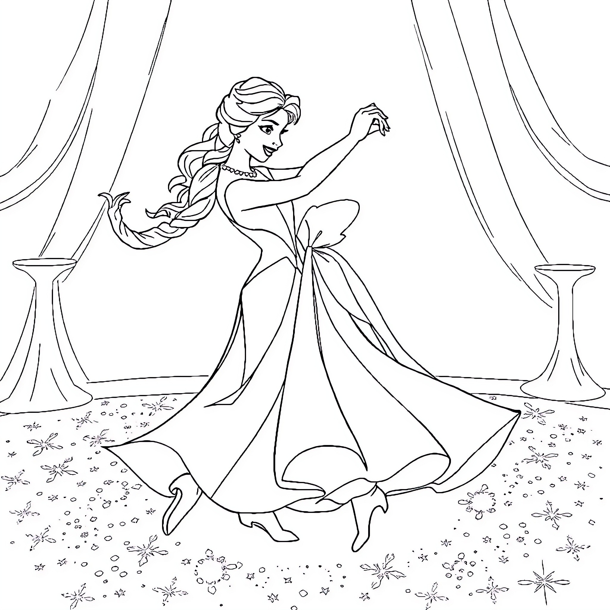 Elsa dancing gracefully in her winter gown Coloring Page (free black-and-white line drawing printable PDF for all, from beginners to advanced learners, including children, teens, adults, and seniors)