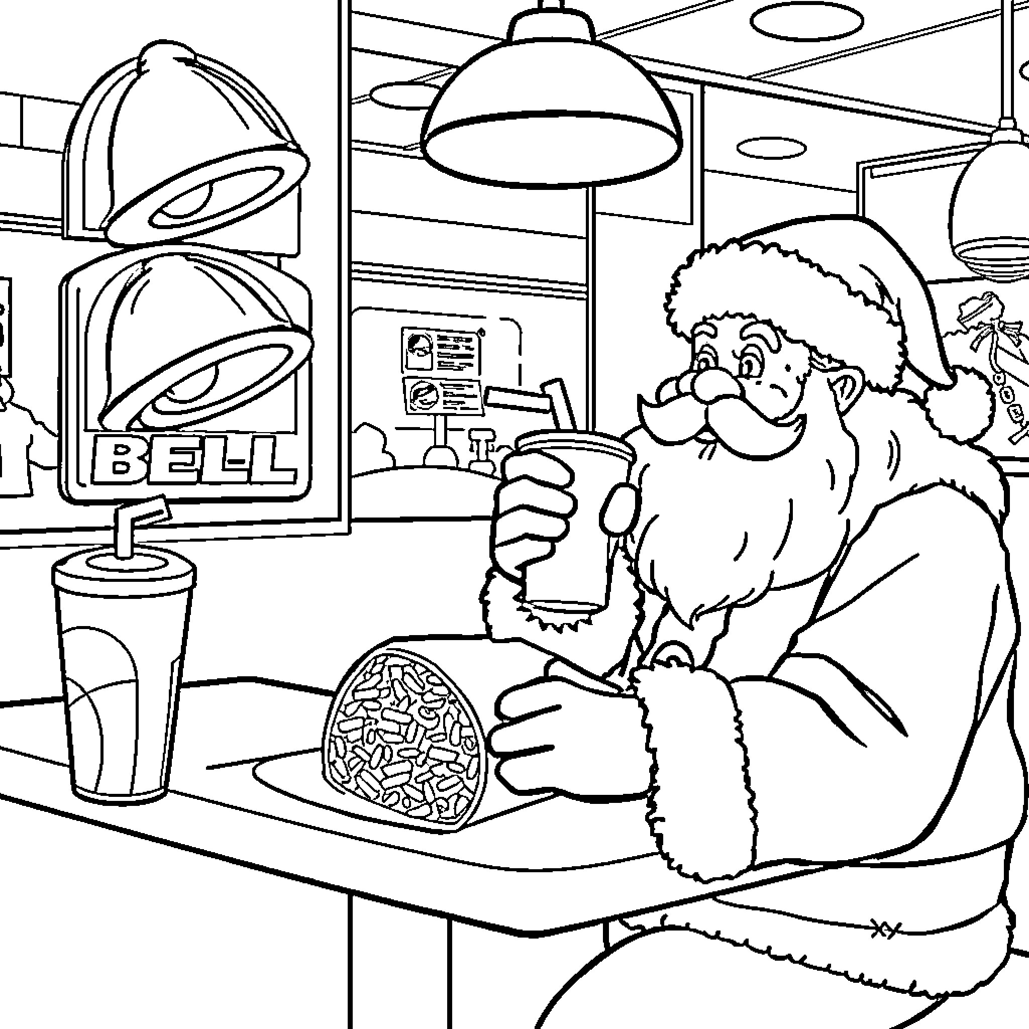 Santa enjoys a snack and beverage at the diner Coloring Page (free black-and-white line drawing printable PDF for all, from beginners to advanced learners, including children, teens, adults, and seniors)