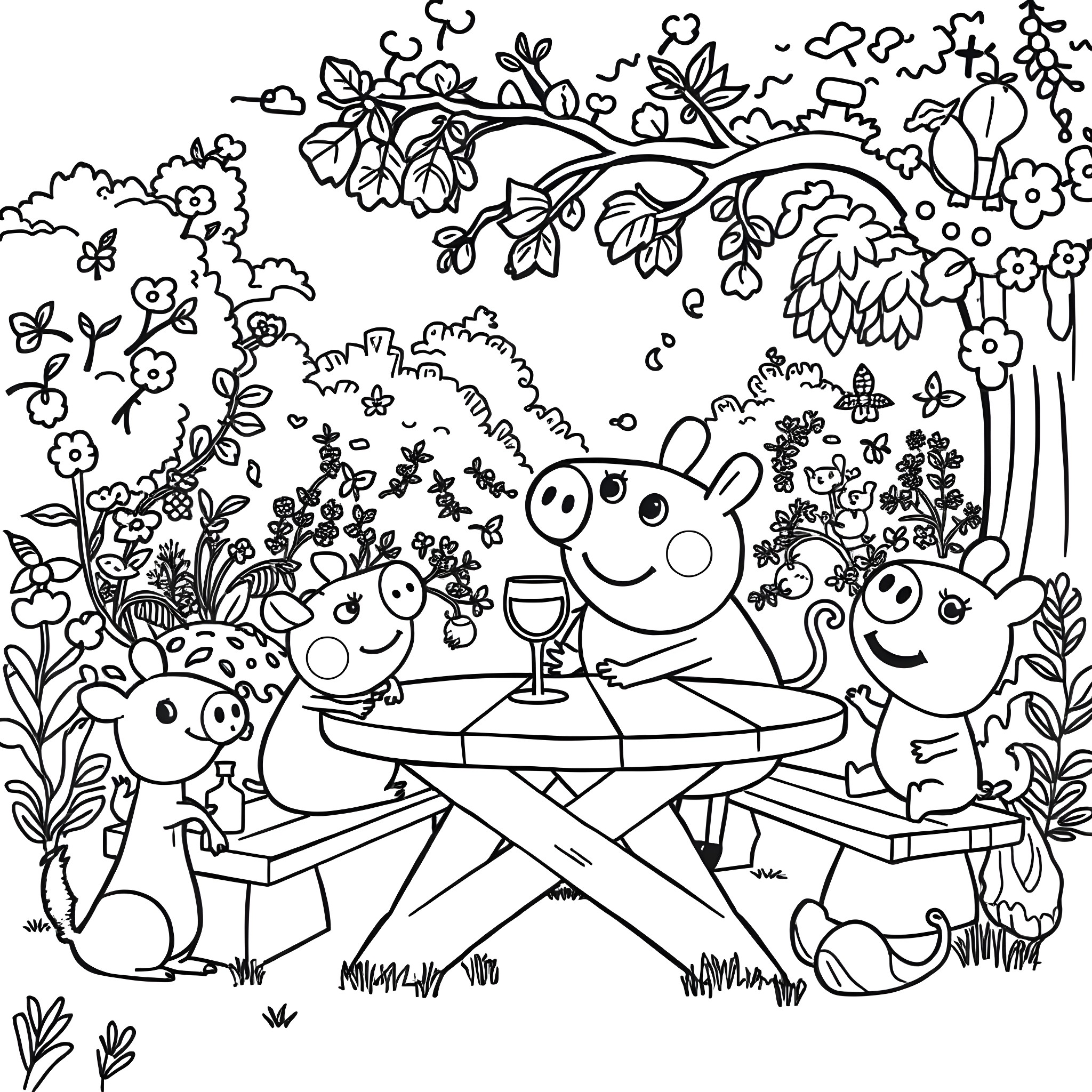 Peppa Pig and friends enjoying a picnic in the garden Coloring Page (free black-and-white line drawing printable PDF for all, from beginners to advanced learners, including children, teens, adults, and seniors)