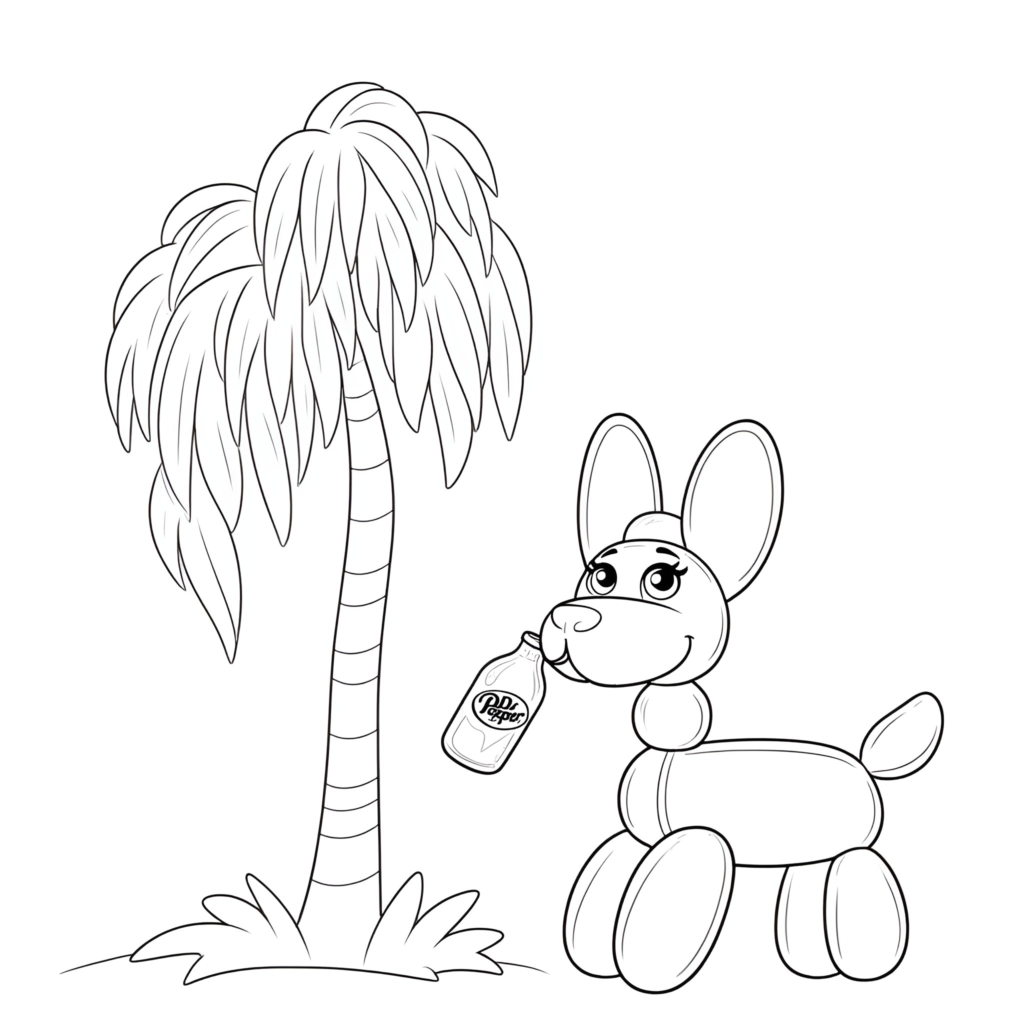 Balloon Dog Enjoying a Tropical Oasis Coloring Page (free black-and-white line drawing printable PDF for all, from beginners to advanced learners, including children, teens, adults, and seniors)