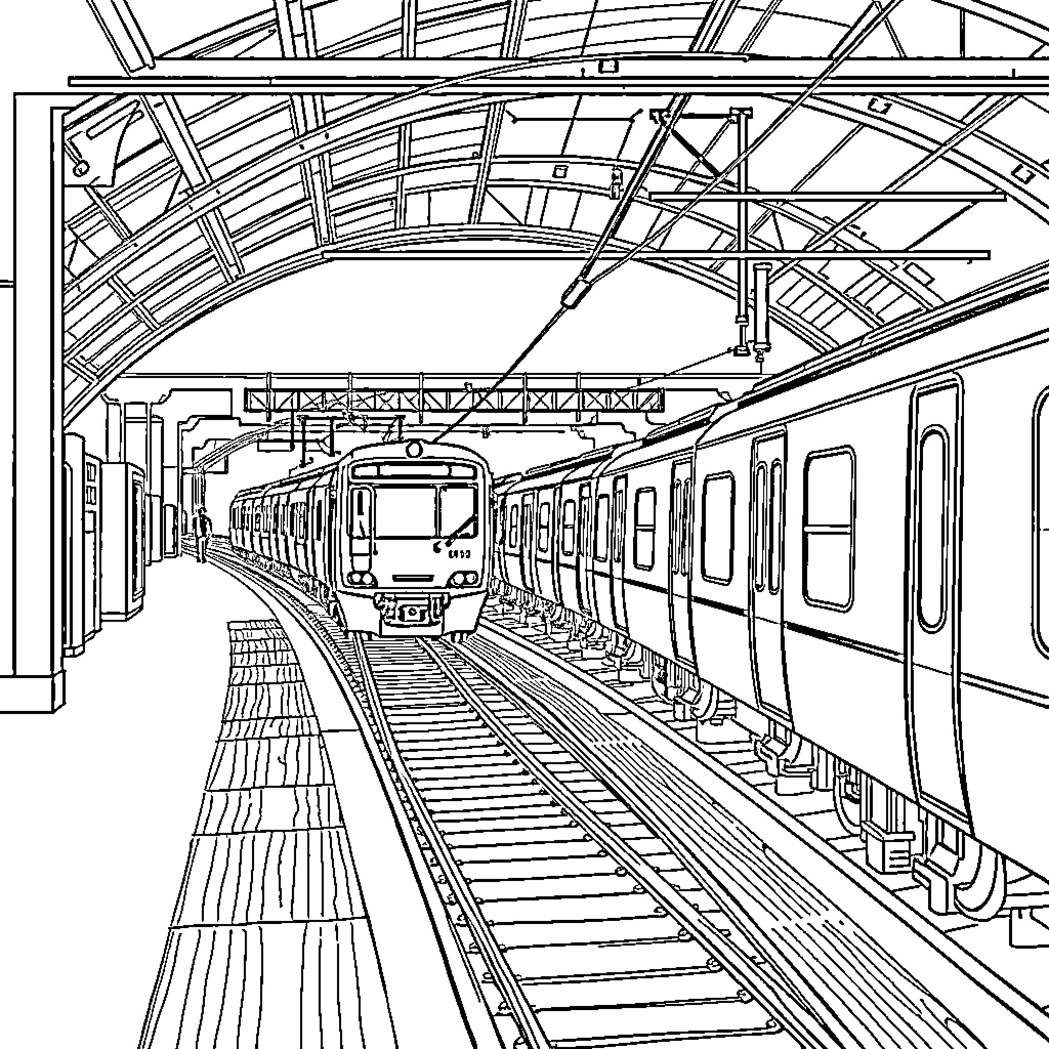 Train station platform with commuter train Coloring Page (free black-and-white line drawing printable PDF for all, from beginners to advanced learners, including children, teens, adults, and seniors)