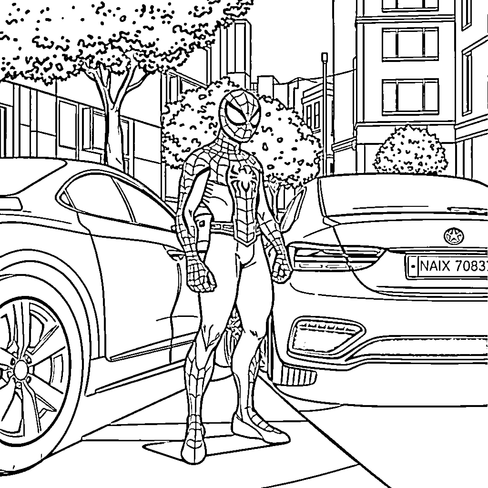 Spiderman standing heroically between cars on a city street Coloring Page (free black-and-white line drawing printable PDF for all, from beginners to advanced learners, including children, teens, adults, and seniors)